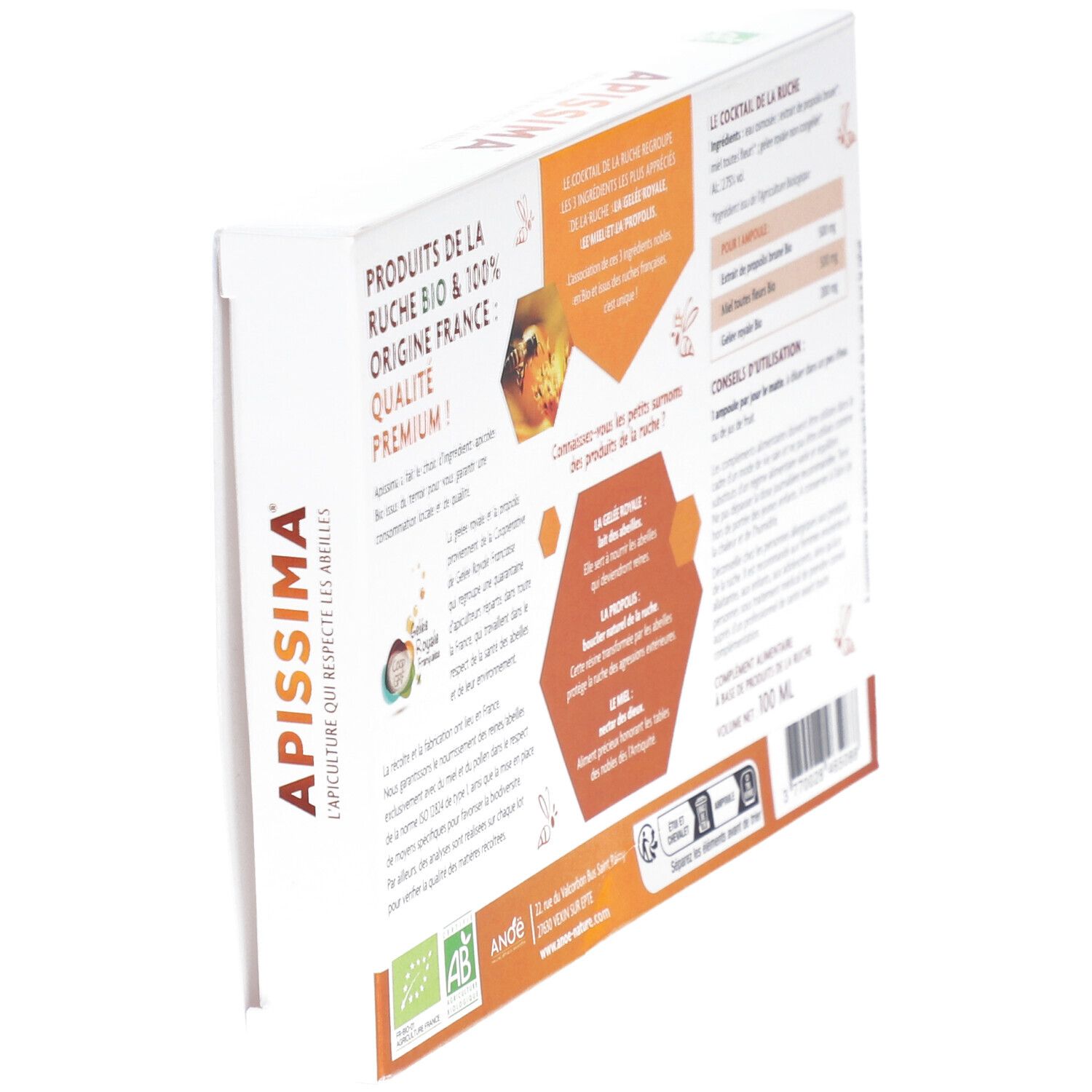 Vue oblique du dos de la boîte APISSIMA® Cocktail de la ruche Bio. Texte et label bio.