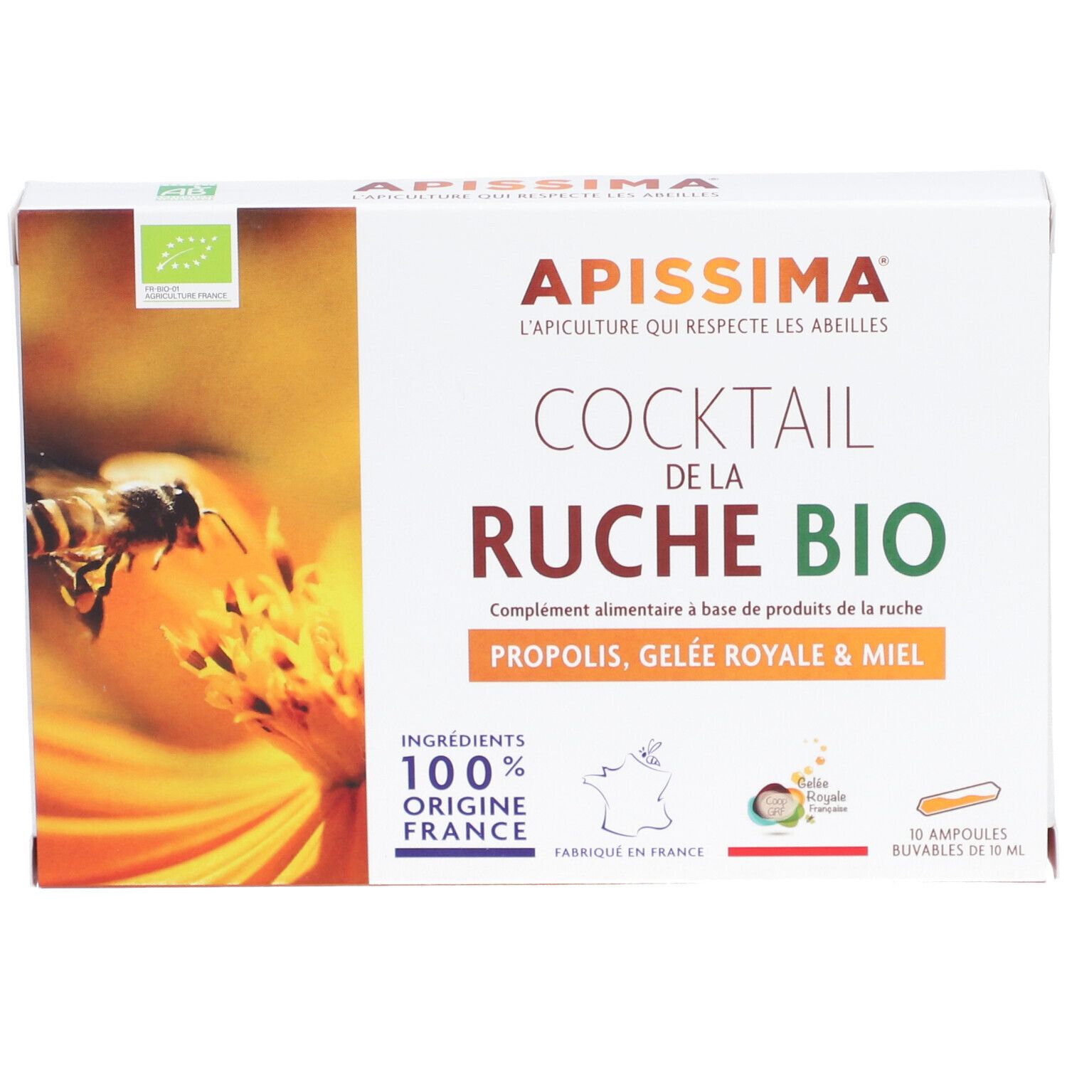 Boîte APISSIMA® Cocktail de la ruche Bio. Carton blanc avec nom du produit, logo et label bio. Contient 10 ampoules.