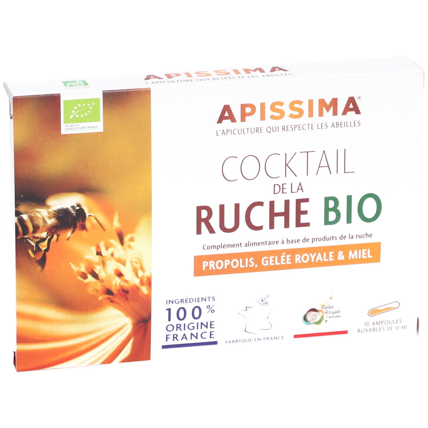Boîte APISSIMA® Cocktail de la ruche Bio. Carton blanc avec nom du produit, logo et label bio. Contient 10 ampoules.