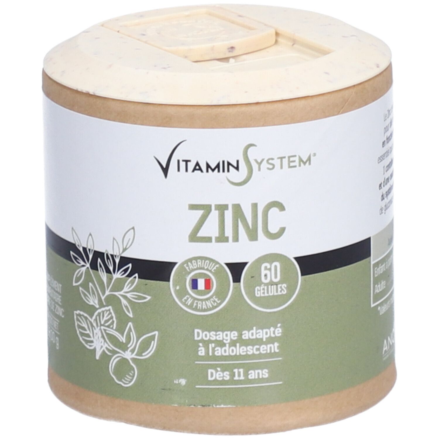 Boîte cylindrique "Vitamin System" et "ZINC". Contient 60 gélules. Fabriqué en France. Dosage adapté aux adolescents dès 11 ans.