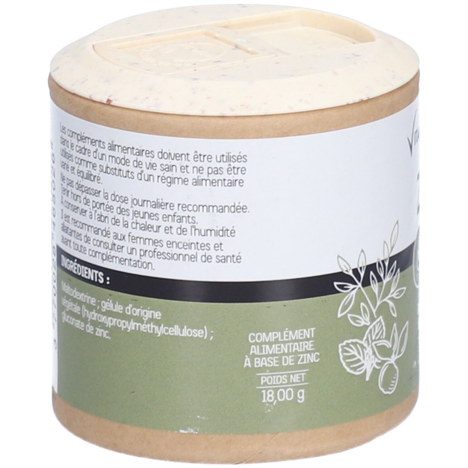 Boîte cylindrique avec liste d'ingrédients et poids net de 18,00 g. Contient maltodextrine, gélule végétale et gluconate de zinc.