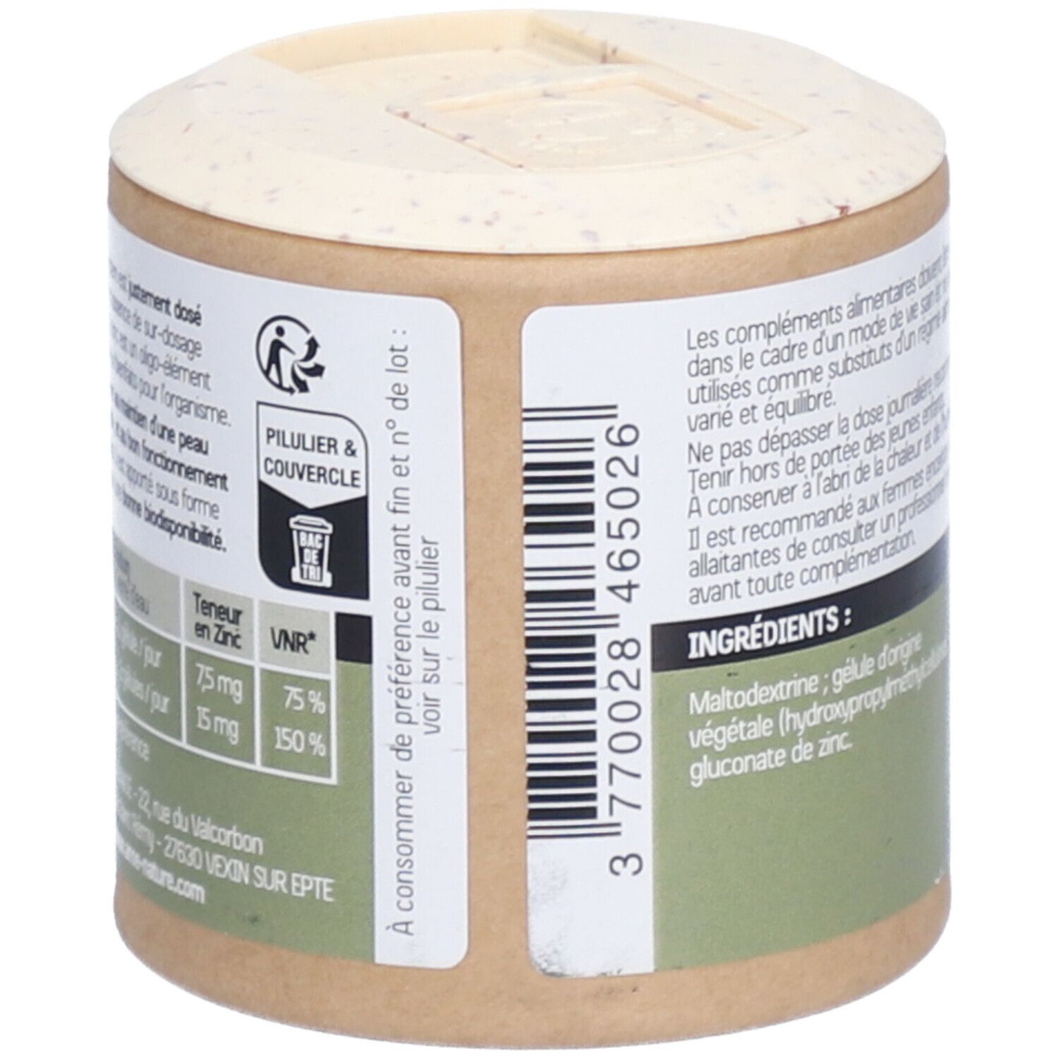 Boîte cylindrique avec informations de dosage et valeurs nutritionnelles. Contient 75 mg de zinc par portion, 15 mg par portion.