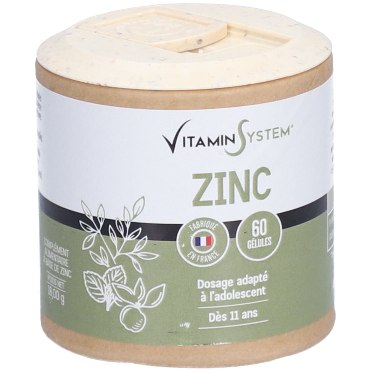 Boîte cylindrique "Vitamin System" et "ZINC". Contient 60 gélules. Fabriqué en France. Dosage adapté aux adolescents dès 11 ans.