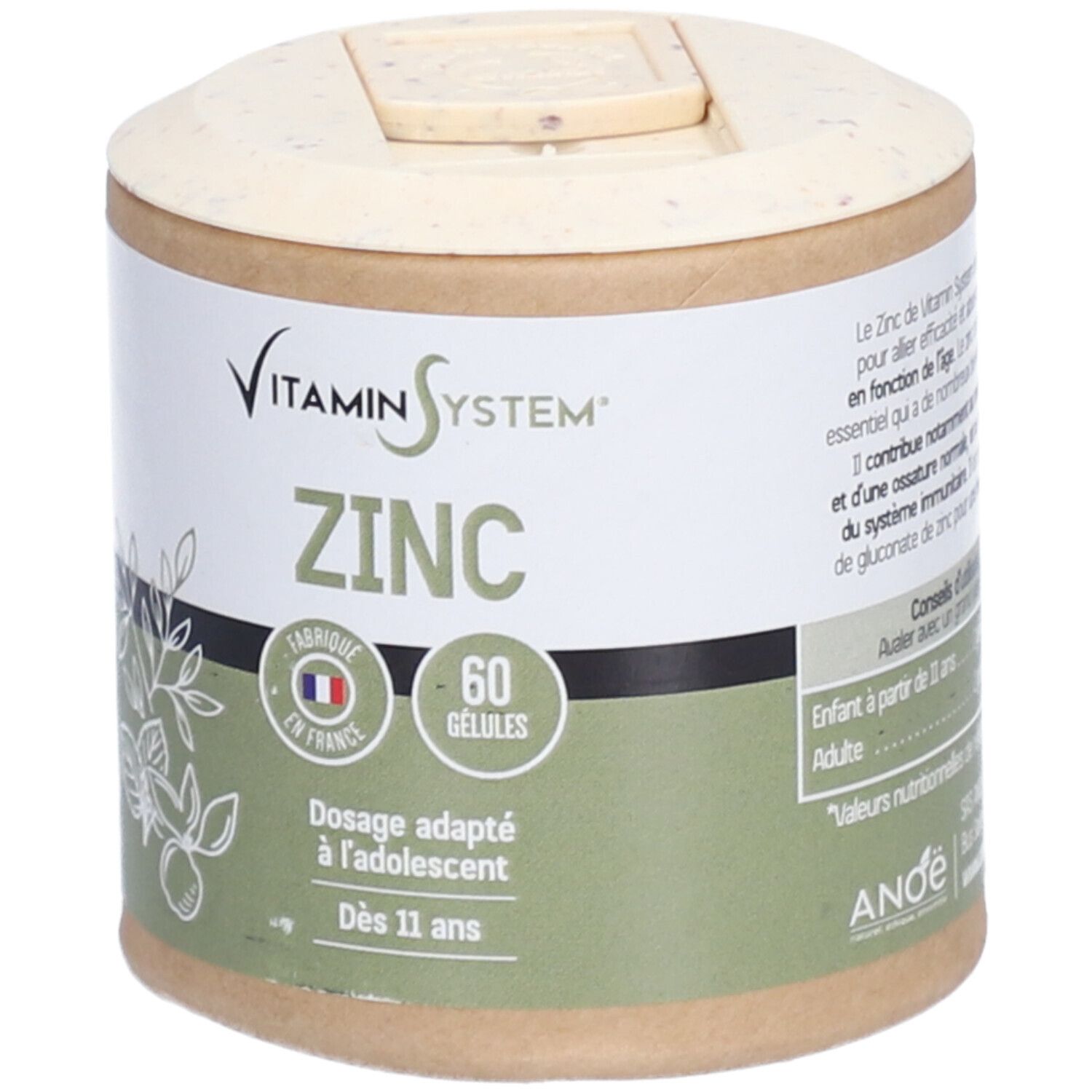 Boîte cylindrique "Vitamin System" et "ZINC". Contient 60 gélules. Fabriqué en France. Dosage adapté aux adolescents dès 11 ans.