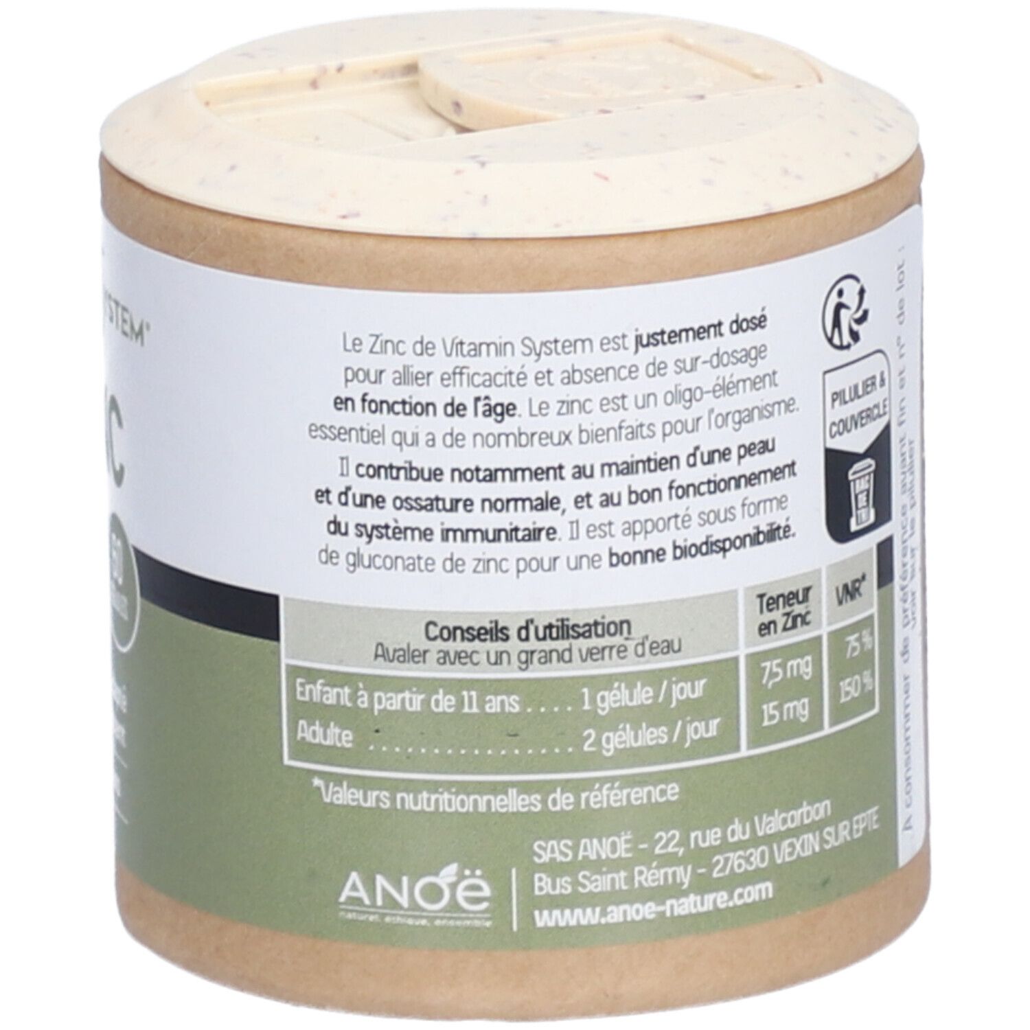 Boîte cylindrique avec instructions de dosage. Enfants dès 11 ans: 1 gélule/jour. Adultes: 2 gélules/jour. Contient du zinc.