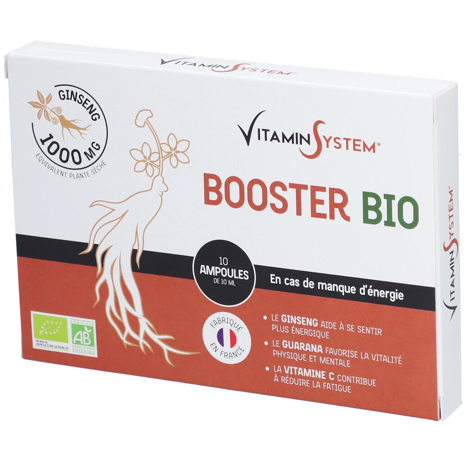 Boîte Vitamin System Booster Bio. Blanche, design rouge et vert. Contient 10 ampoules. Logo Ginseng.