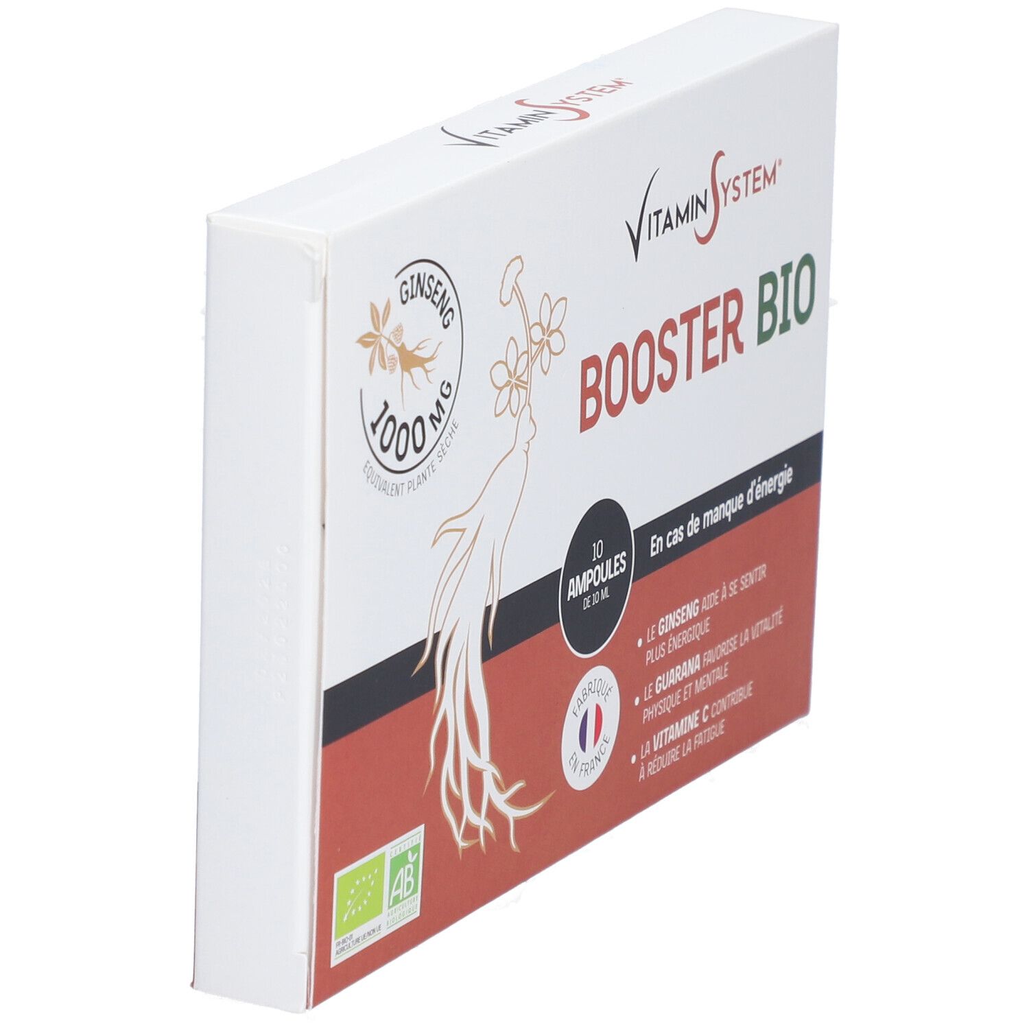 Boîte Vitamin System Booster Bio, en biais. Blanche, design rouge et noir. Contient 10 ampoules. Logo Ginseng.