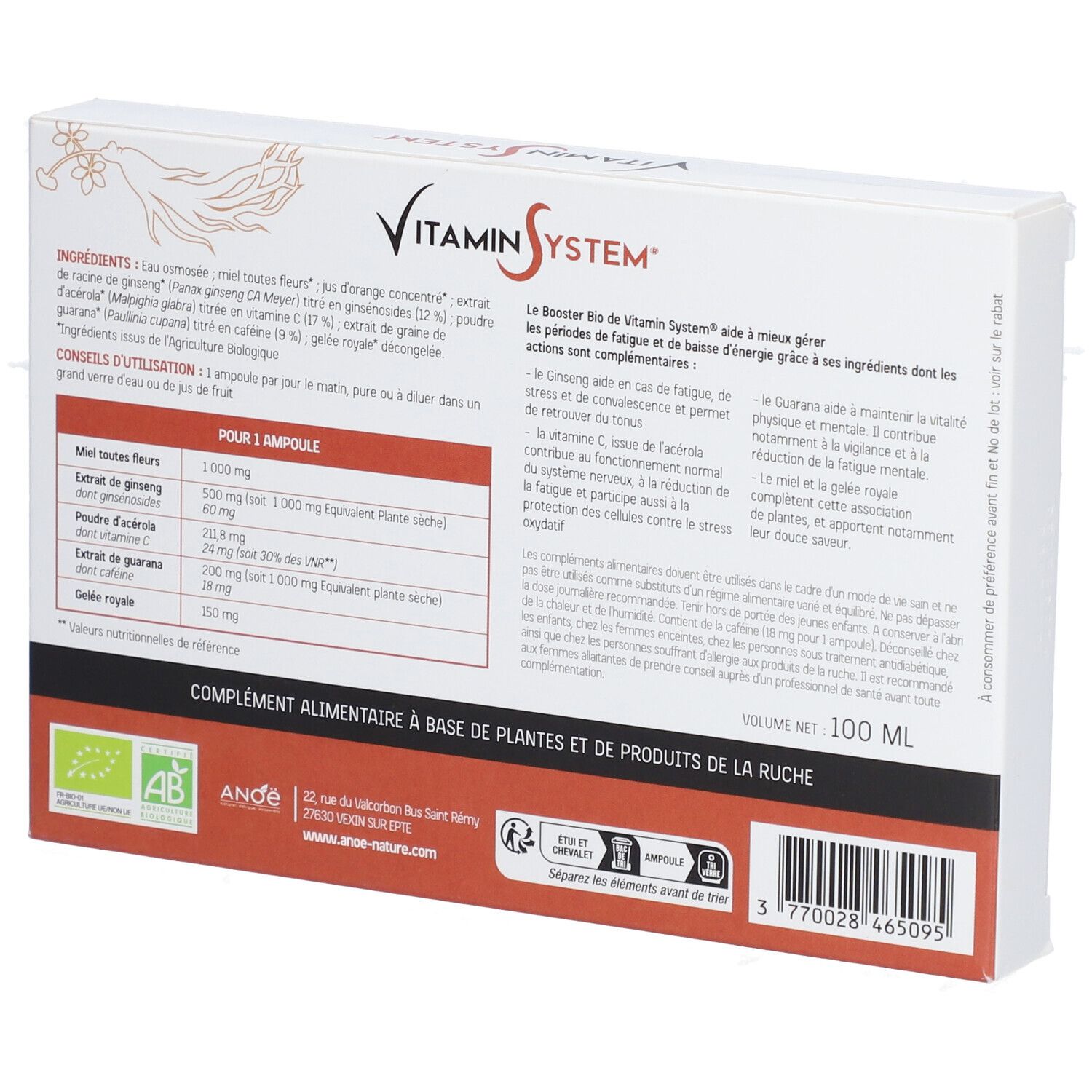 Dos de la boîte Vitamin System Booster Bio. Contient ingrédients et informations nutritionnelles. Avec label bio.