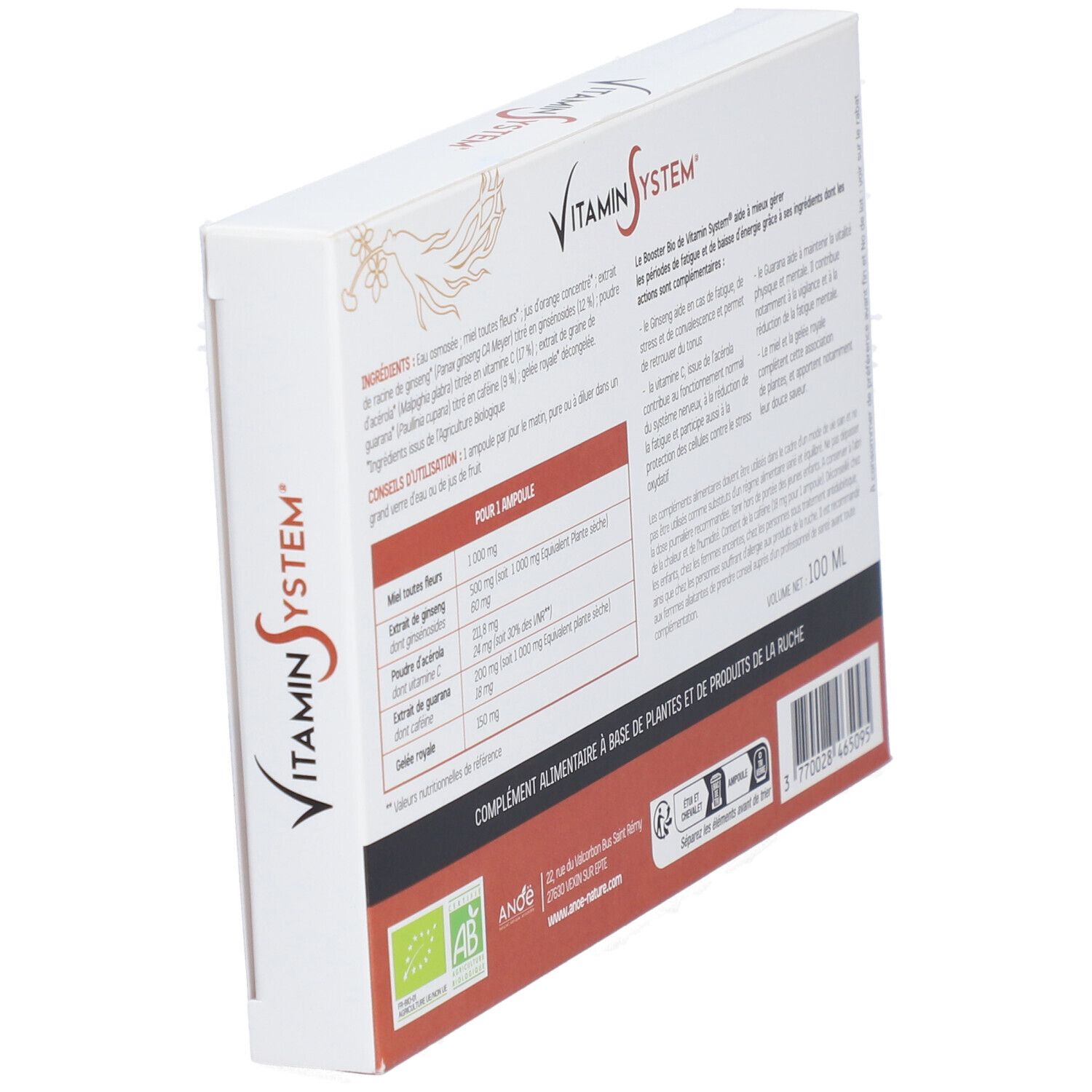 Vue oblique du dos de la boîte Vitamin System Booster Bio. Contient ingrédients et informations nutritionnelles.