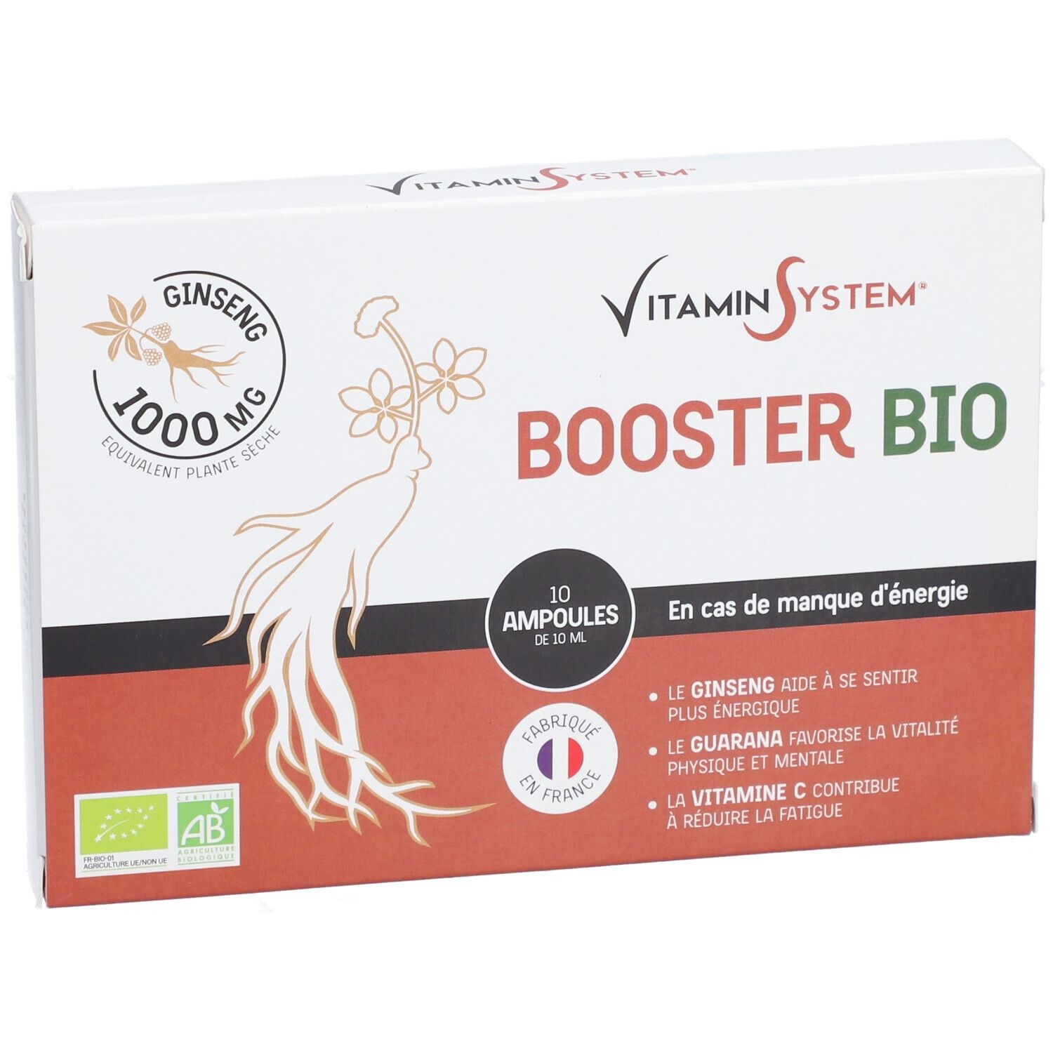 Boîte Vitamin System Booster Bio. Blanche, design rouge et vert. Contient 10 ampoules. Logo Ginseng.