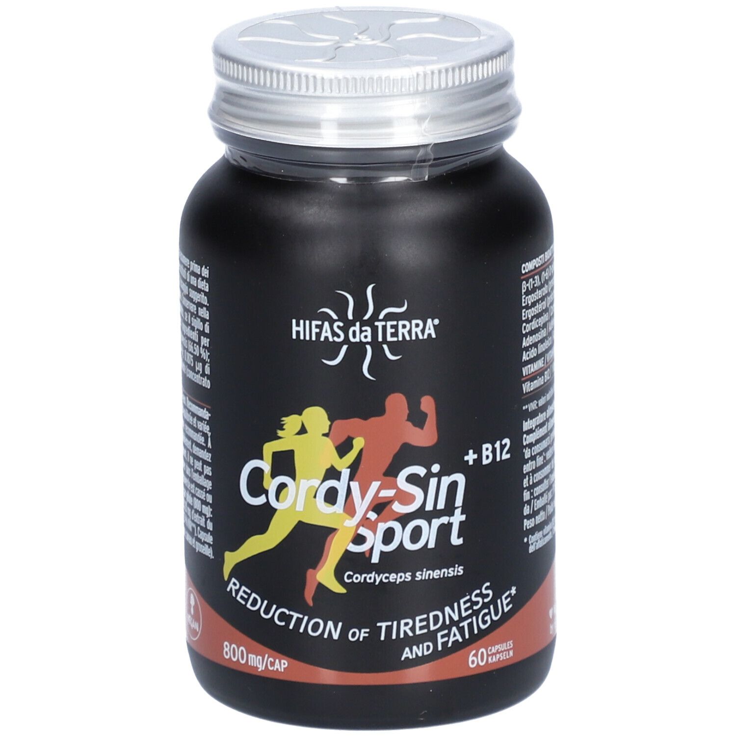 Flacon noir avec couvercle argenté. Inscription : HIFAS da TERRA®, Cordy-Sin Sport, +B12. 60 gélules.