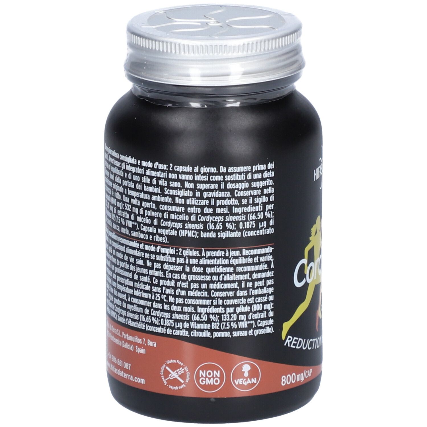 Flacon noir avec couvercle argenté. Texte multilingue. Inscription : Cordy-Sin Sport. 800mg/CAP. Vegan.