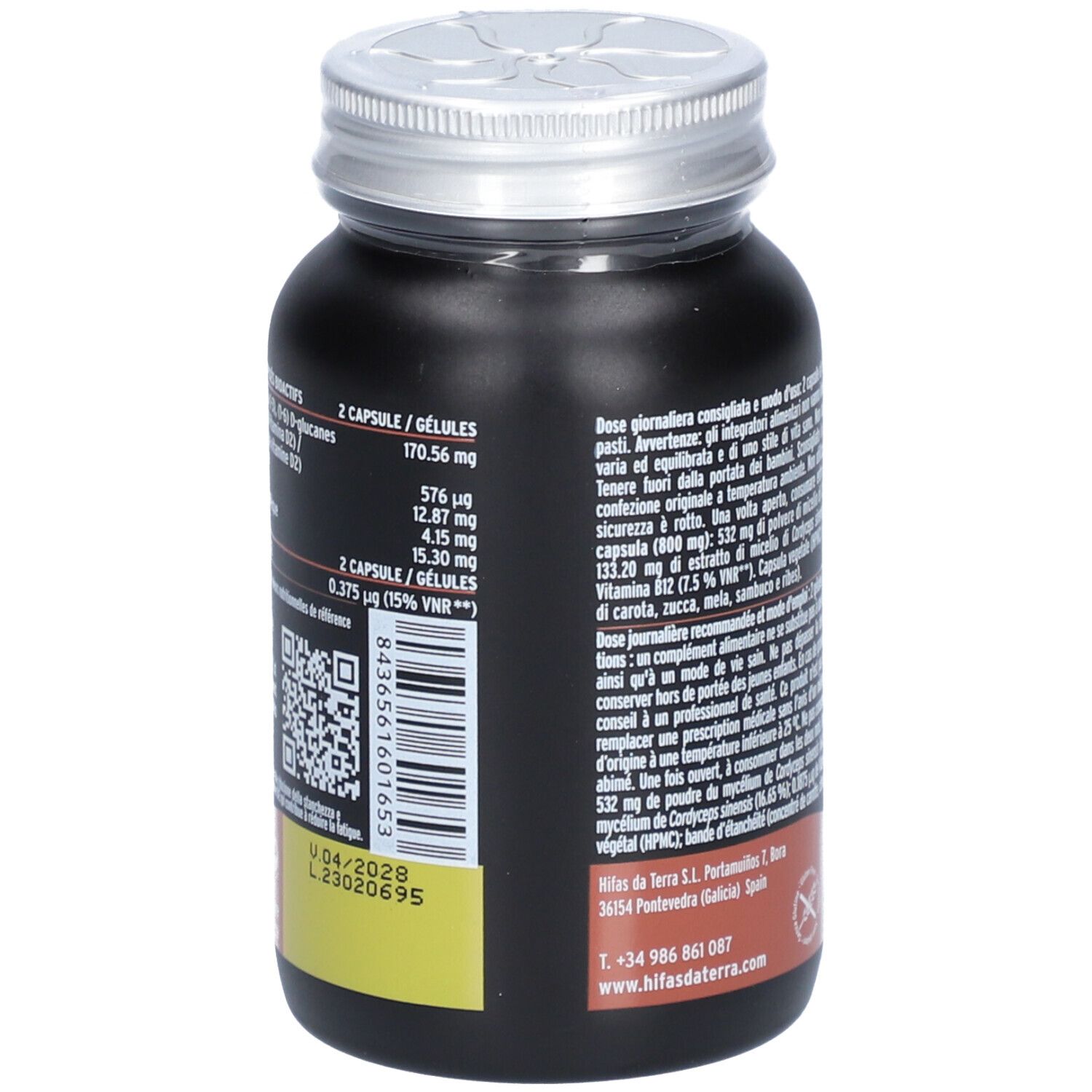 Flacon noir avec couvercle argenté. Dos avec texte et QR code. Inscription : Cordy-Sin Sport. Vegan. DDM 04/2028.