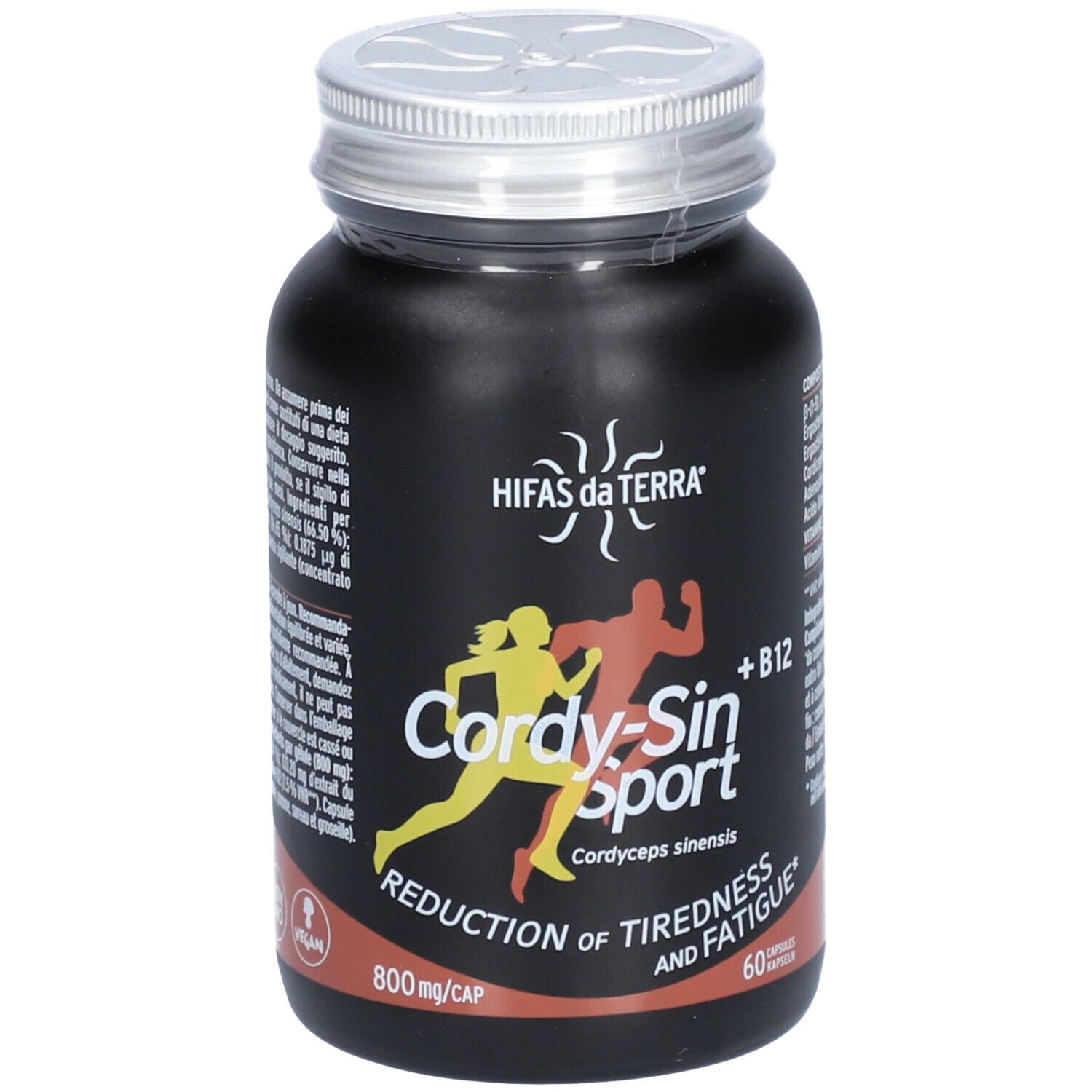 Flacon noir avec couvercle argenté. Inscription : HIFAS da TERRA®, Cordy-Sin Sport, +B12. Vegan. 60 gélules.