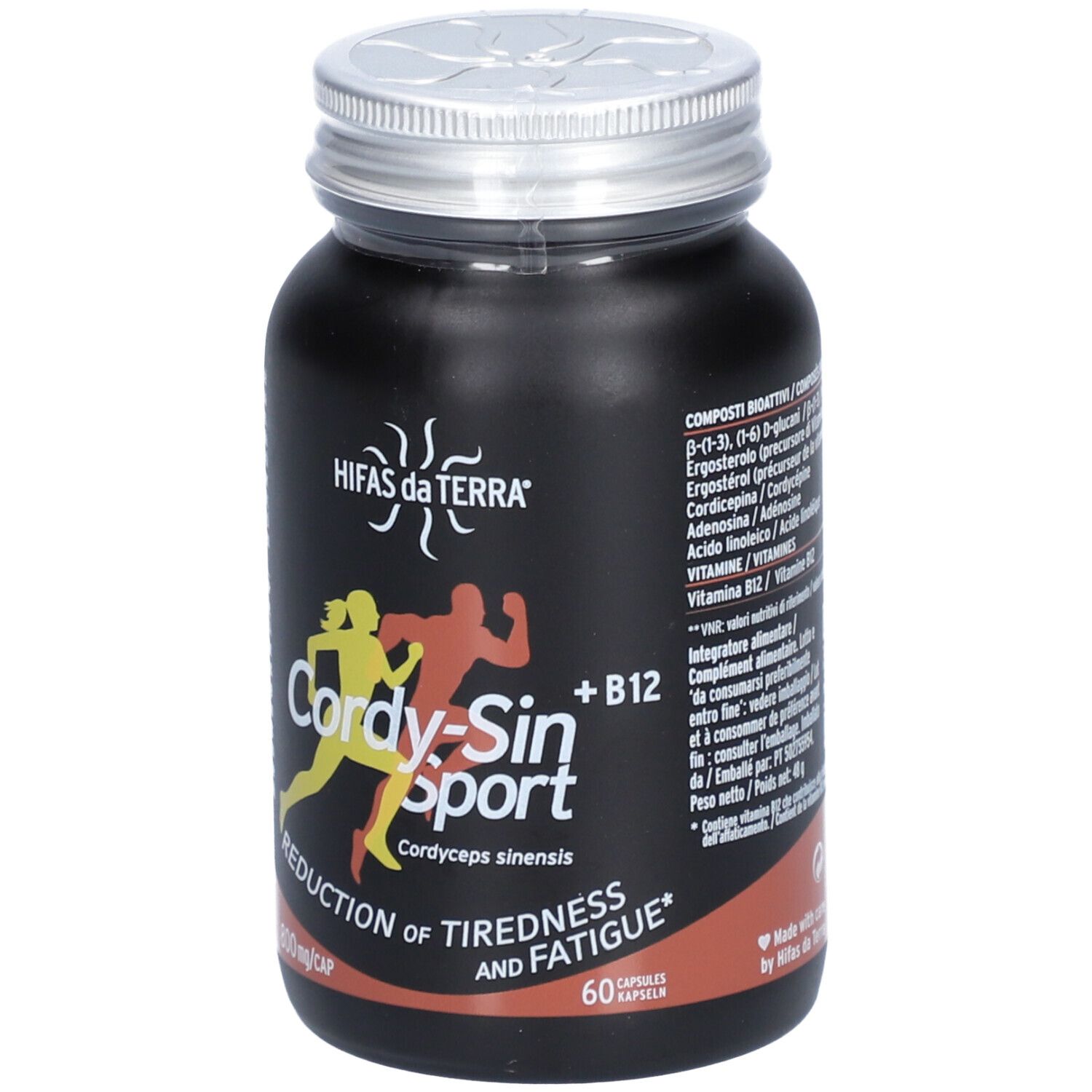 Flacon noir avec couvercle argenté. Inscription : HIFAS da TERRA®, Cordy-Sin Sport, +B12. 60 gélules. Vegan.