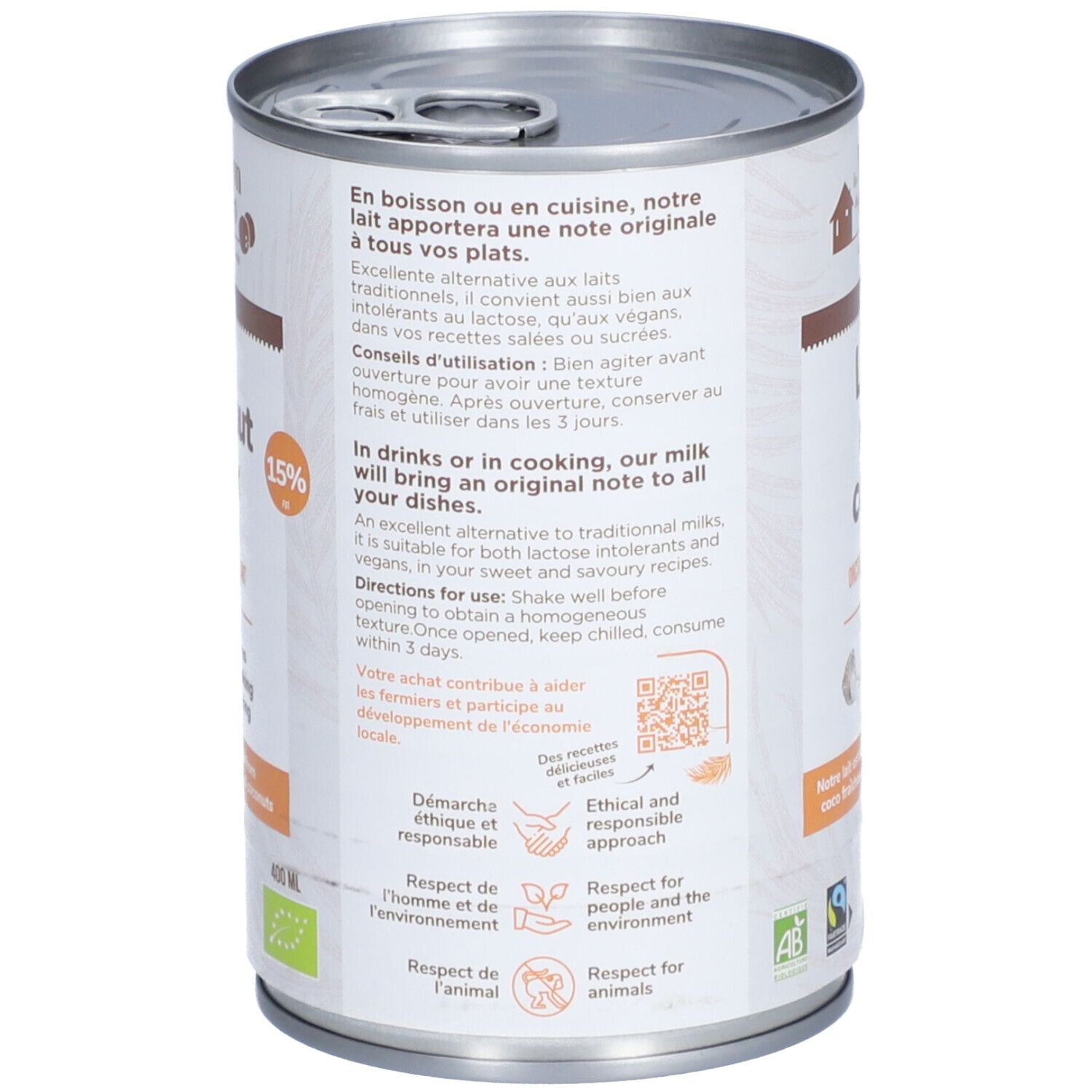 Dos de la boîte de Lait de Coco. Texte en français et anglais. Labels AB et Fairtrade. Code QR.