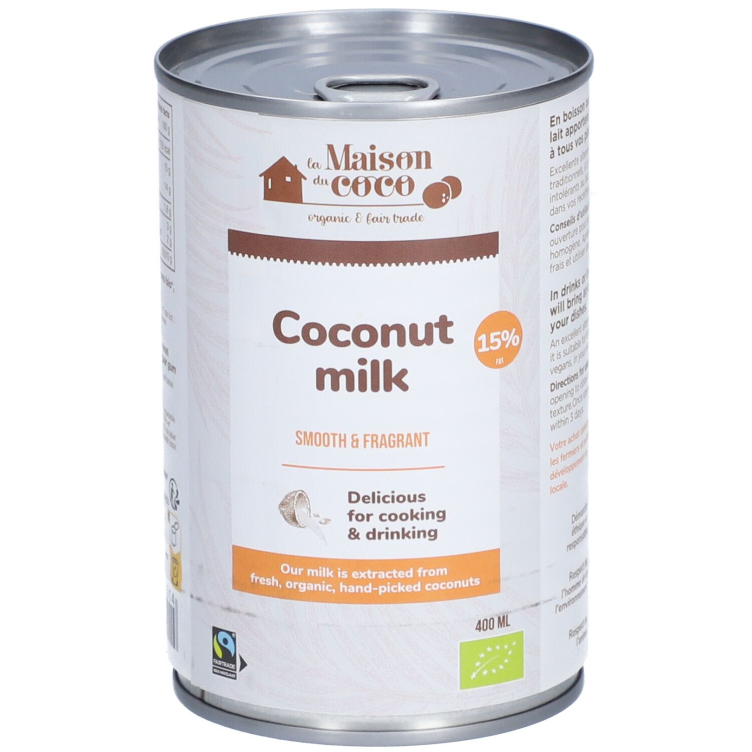 Boîte de Coconut Milk 15%. Inscription: Smooth & Fragrant. Labels AB et Fairtrade. Contenance 400 ml.
