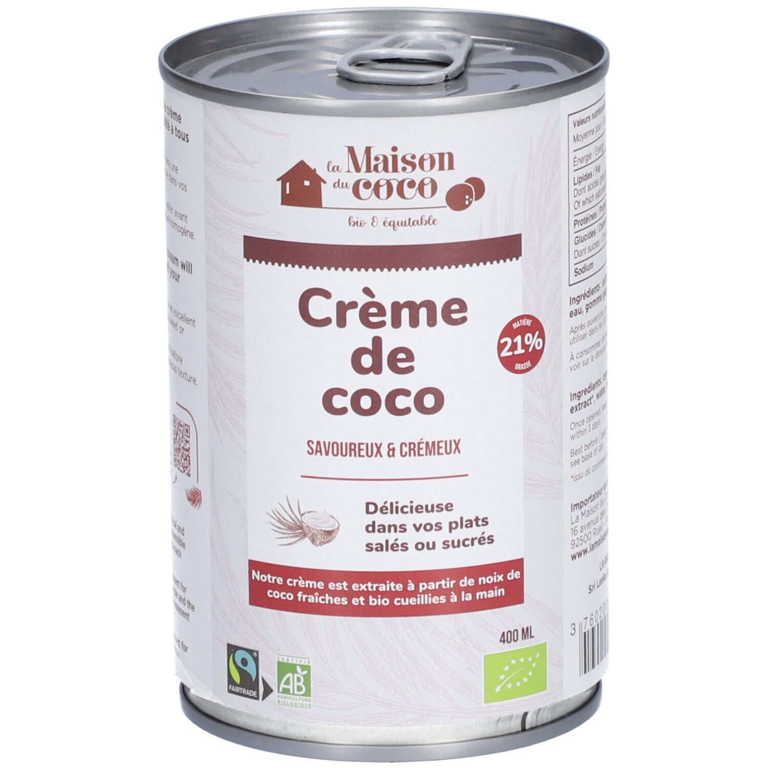 Boîte de conserve Crème de coco. Inscription: Crème de coco, 21% de matière grasse. Label bio. 400 ml.