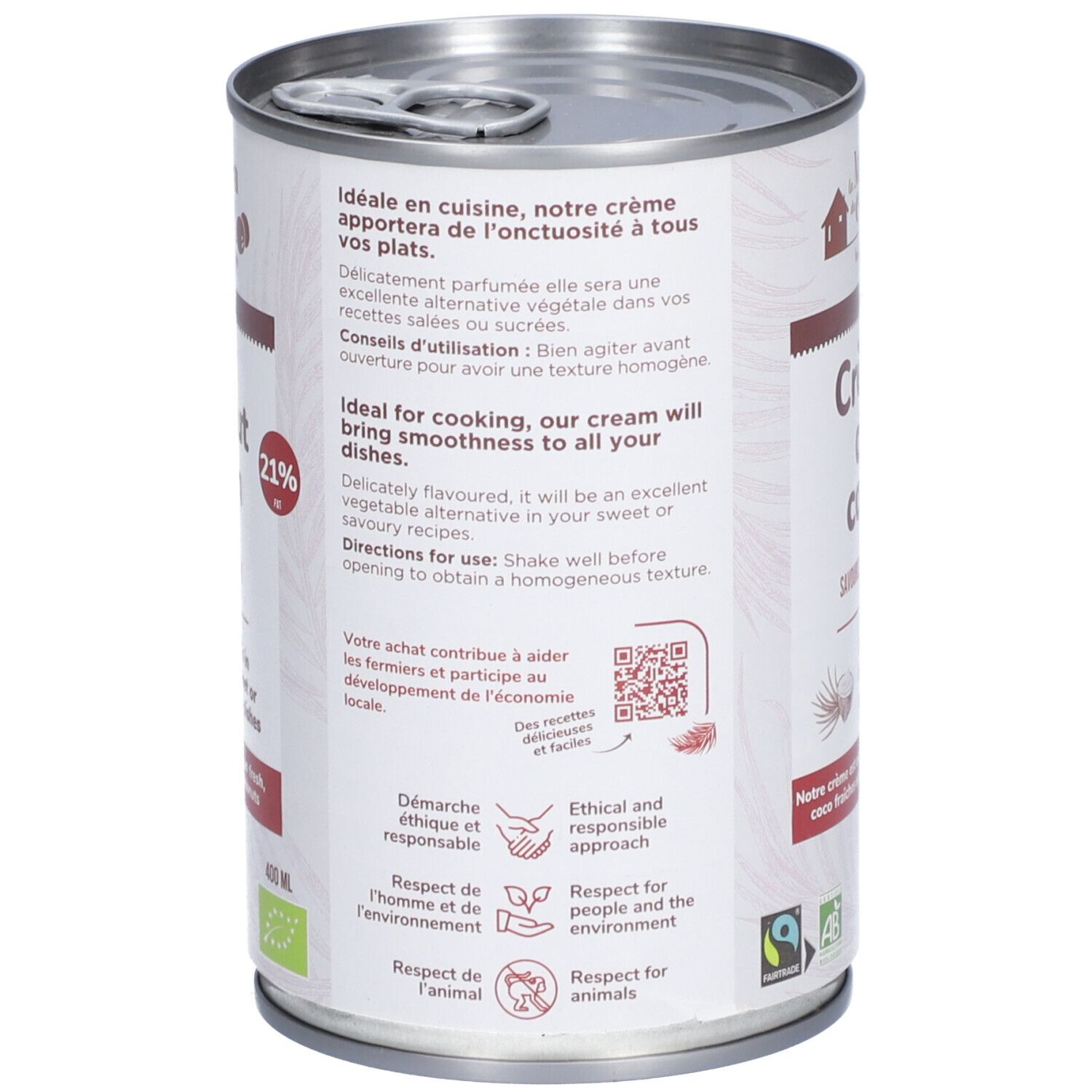 Boîte de conserve Crème de coco. Verso avec texte et code QR. Label bio. 400 ml.