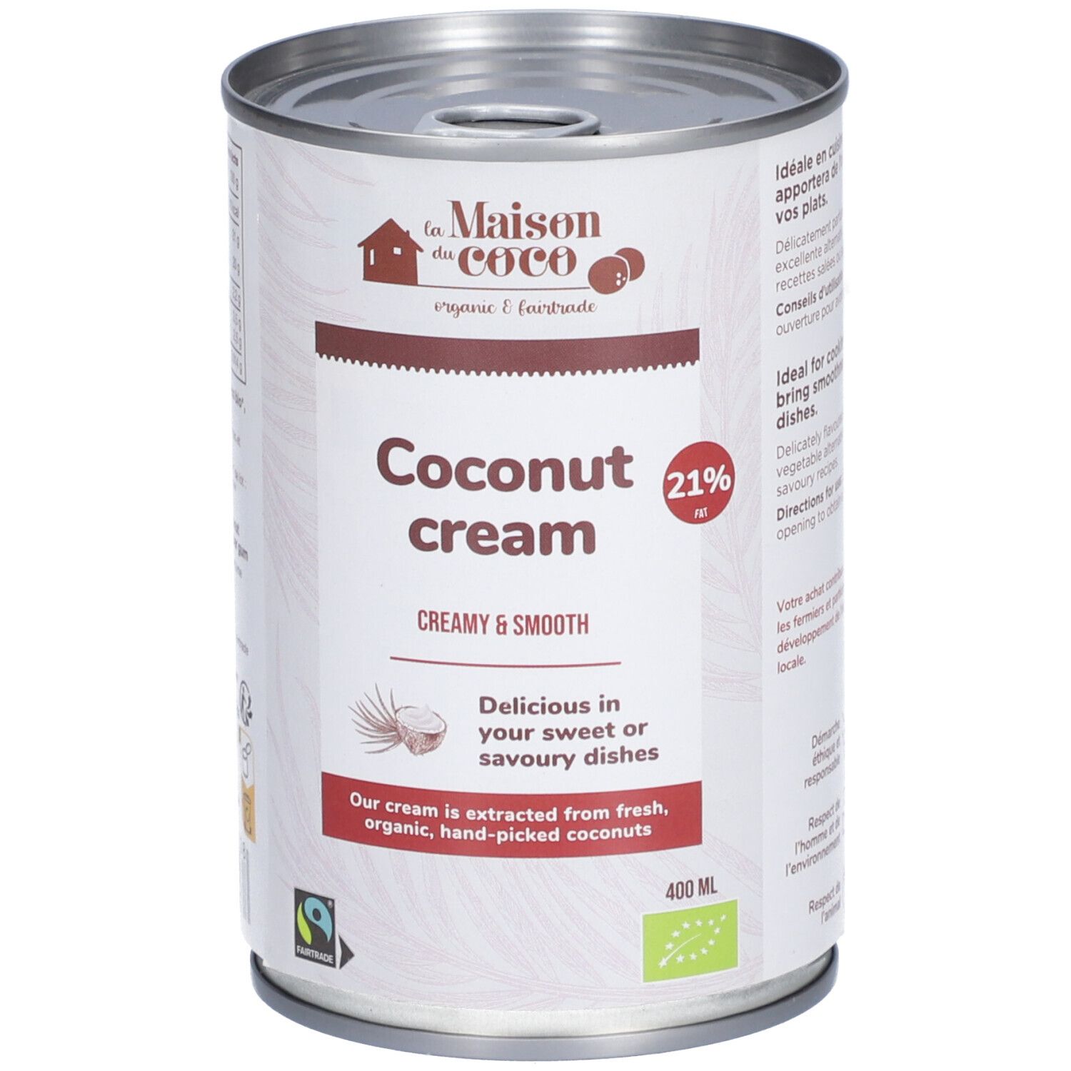 Boîte de conserve Coconut cream. Inscription: Coconut cream, 21% de matière grasse. Label bio. 400 ml.