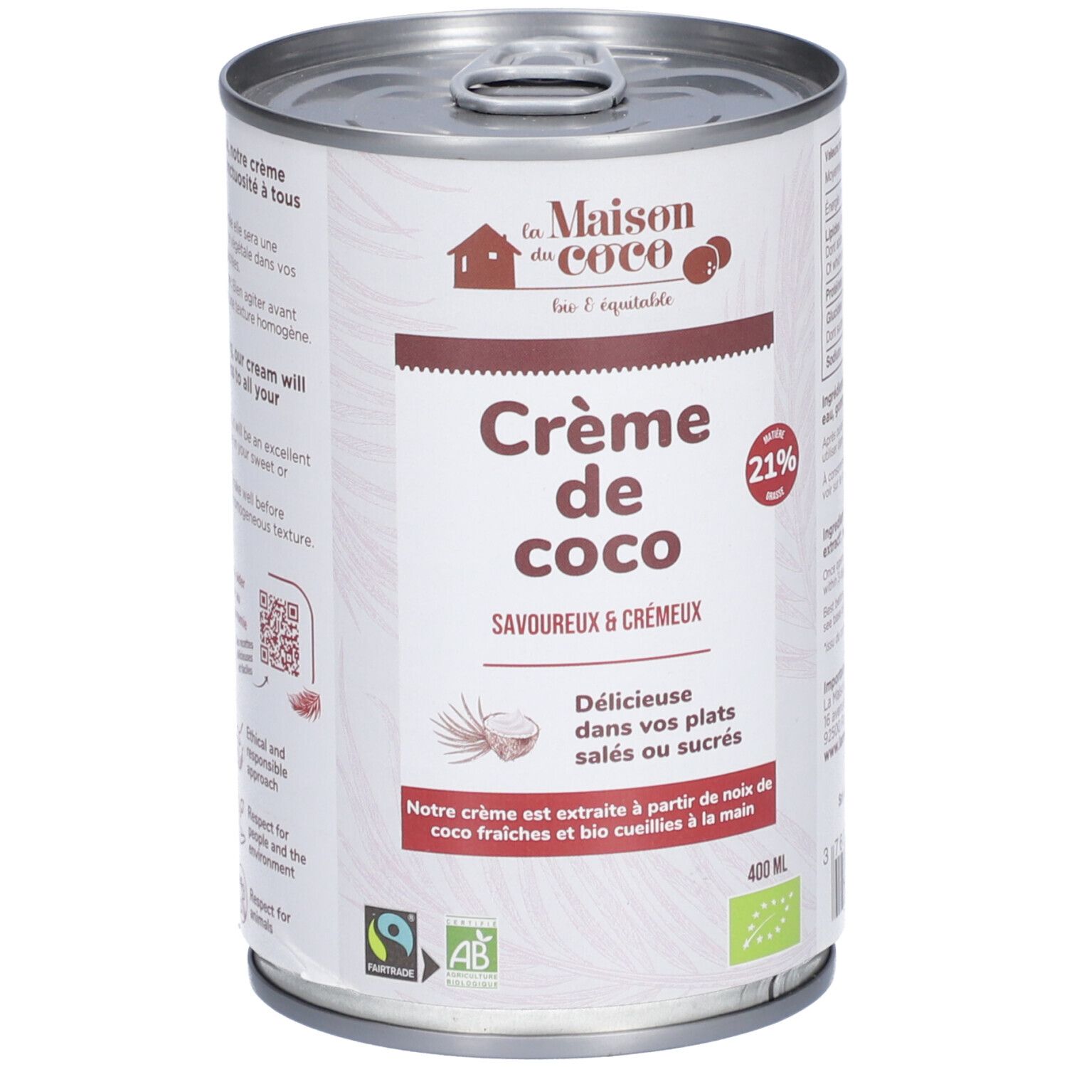 Boîte de conserve Crème de coco. Inscription: Crème de coco, 21% de matière grasse. Label bio. 400 ml.