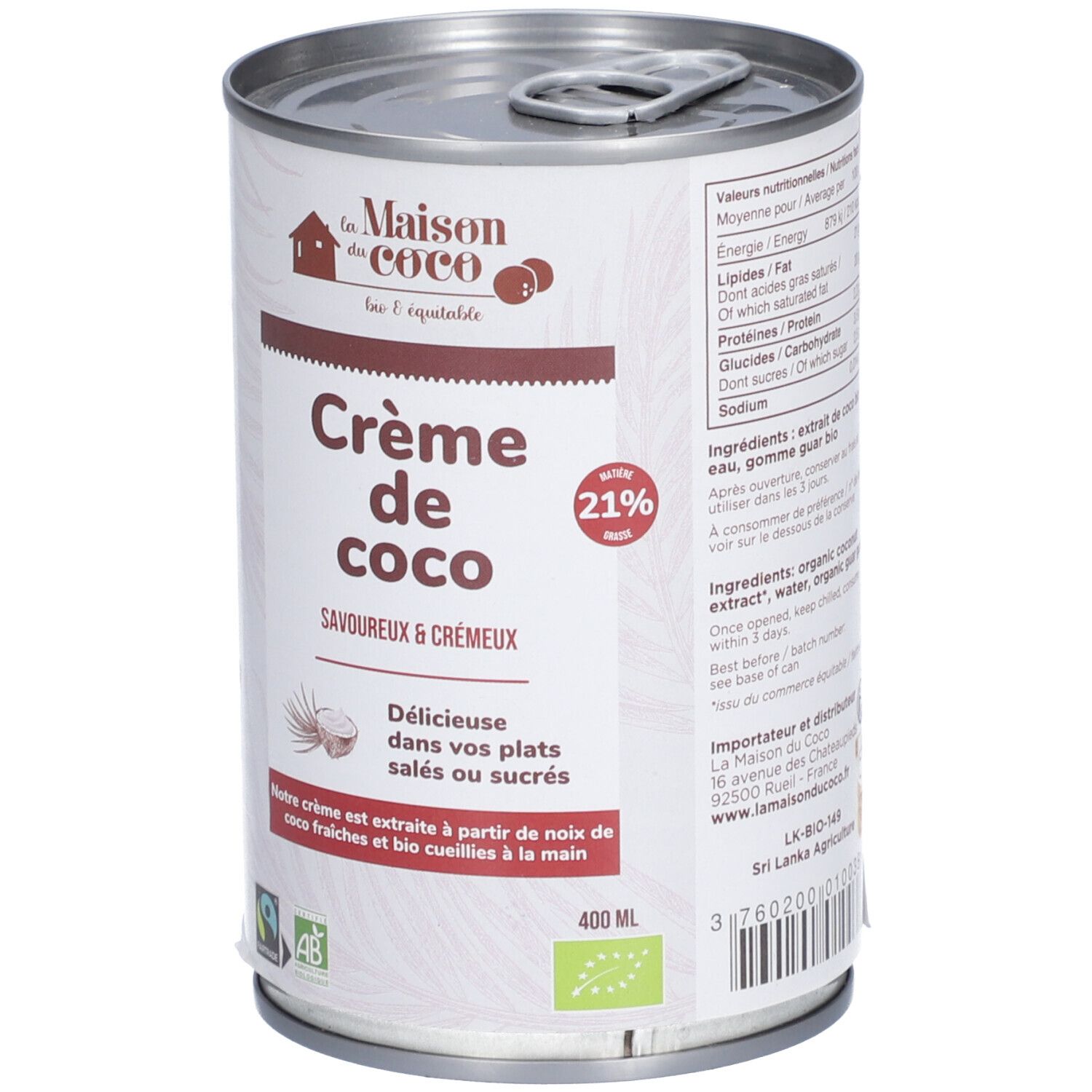 Boîte de conserve Crème de coco. Inscription: Crème de coco, 21% de matière grasse. Label bio. 400 ml. Liste des ingrédients.