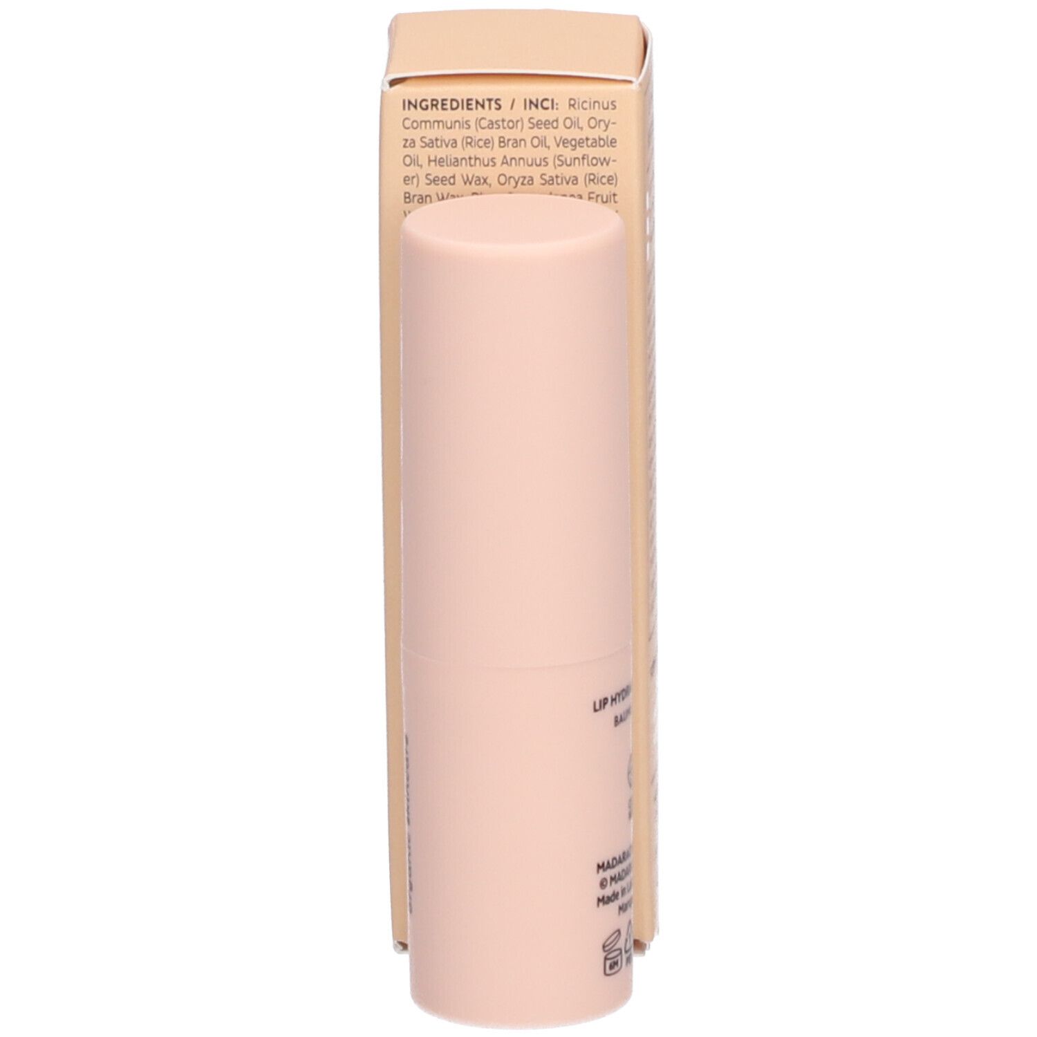 Rückseite des Lippenbalsams und der Verpackung. Auf der Verpackung: Inhaltsstoffe, Herstelleradresse, Logos.