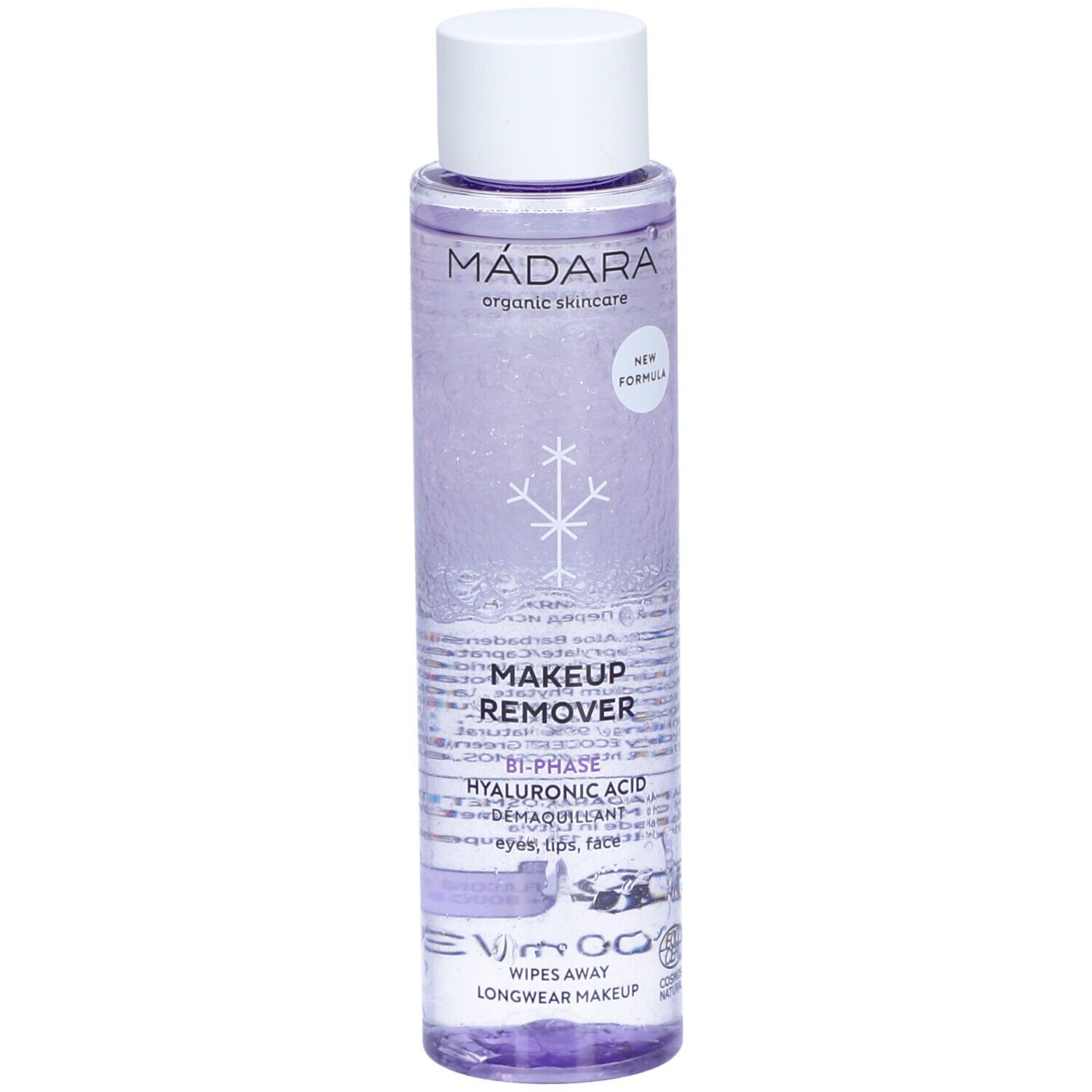 Flasche mit weißem Deckel. Aufschrift: MÁDARA, MAKEUP REMOVER, Bi-Phase, Hyaluronsäure. Mit Schneeflocken-Symbol.