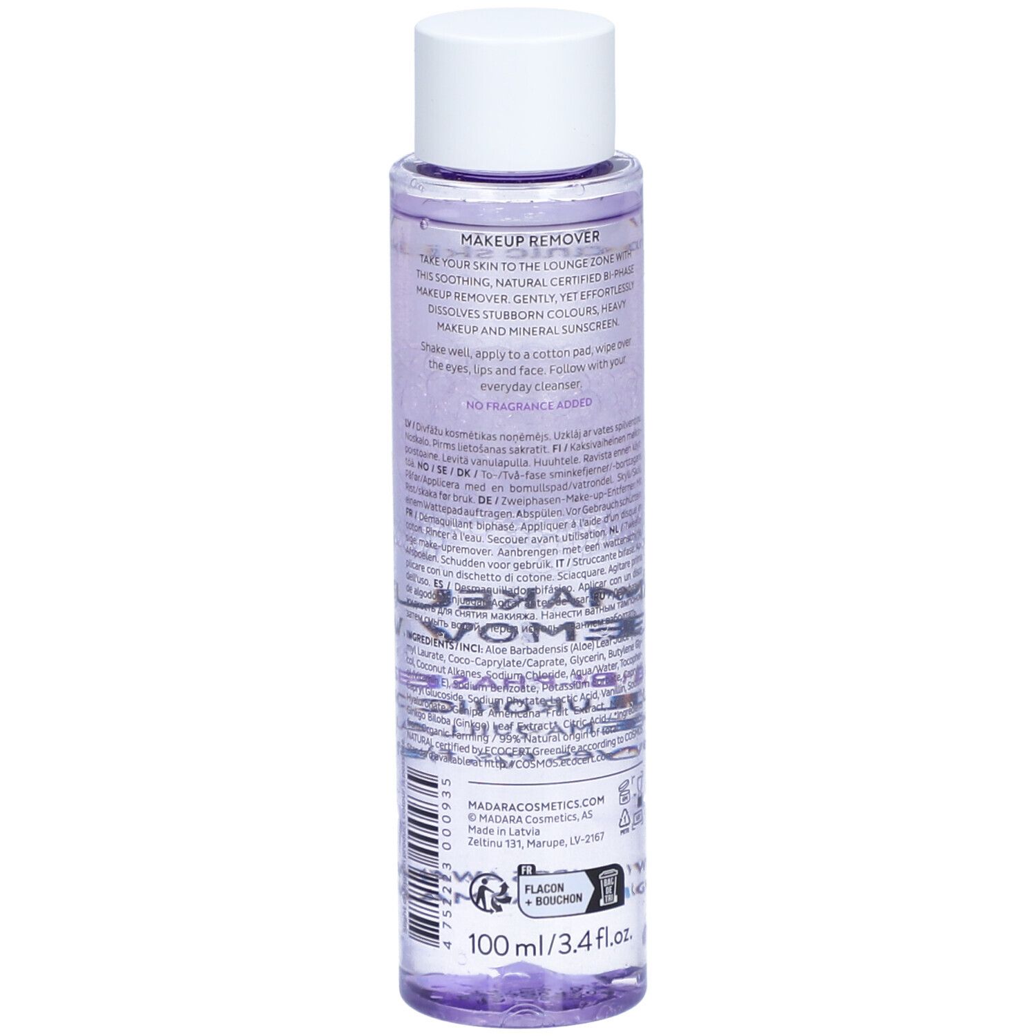 Flasche mit weißem Deckel. Rückseite mit Text. Aufschrift: MAKEUP REMOVER, 100 ml. Mit Inhaltsstoffen und Zertifizierungen.