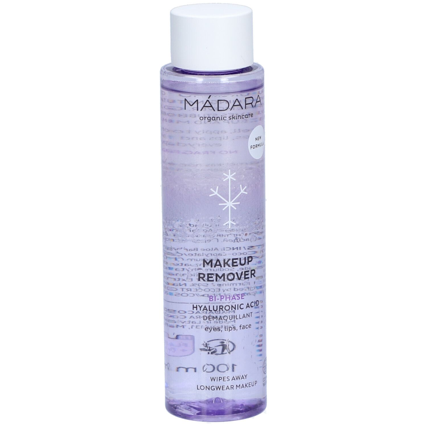 Flasche mit weißem Deckel. Aufschrift: MÁDARA, MAKEUP REMOVER, Bi-Phase, Hyaluronsäure. Mit Schneeflocken-Symbol.