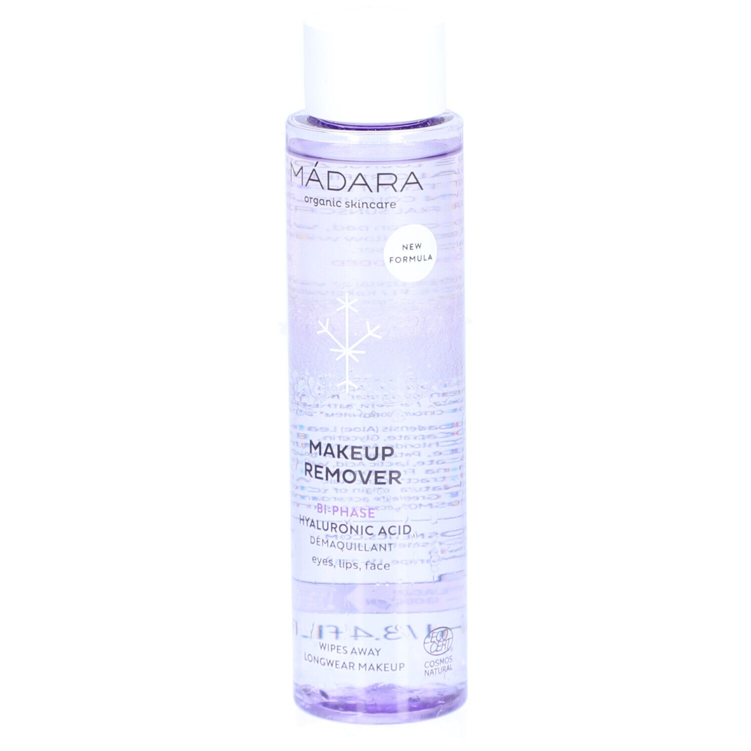 Flasche mit weißem Deckel. Aufschrift: MÁDARA, MAKEUP REMOVER, Bi-Phase, Hyaluronsäure. Mit Schneeflocken-Symbol.