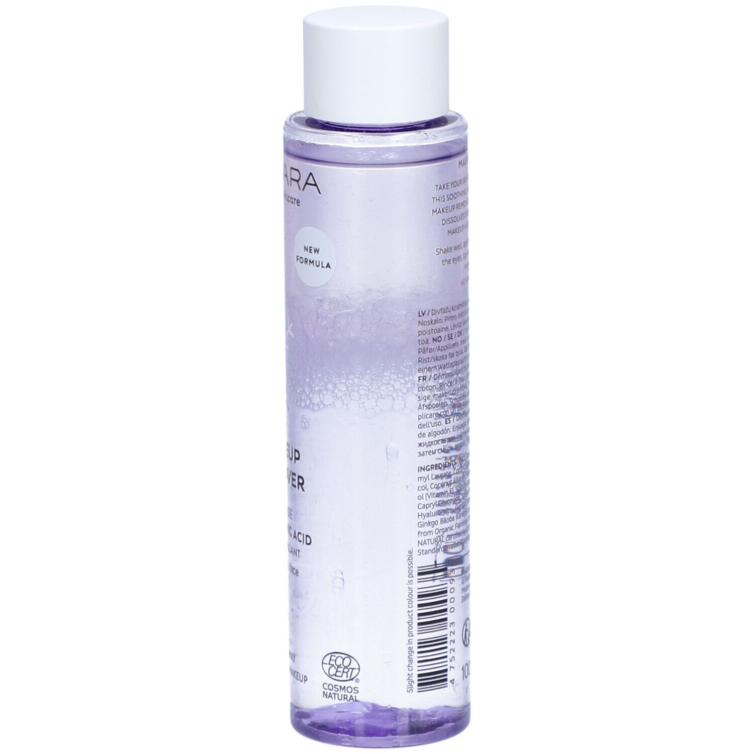 Flasche mit weißem Deckel. Rückseite mit Text. Aufschrift: MAKEUP REMOVER, Bi-Phase, Hyaluronsäure. Mit Zertifizierungen.