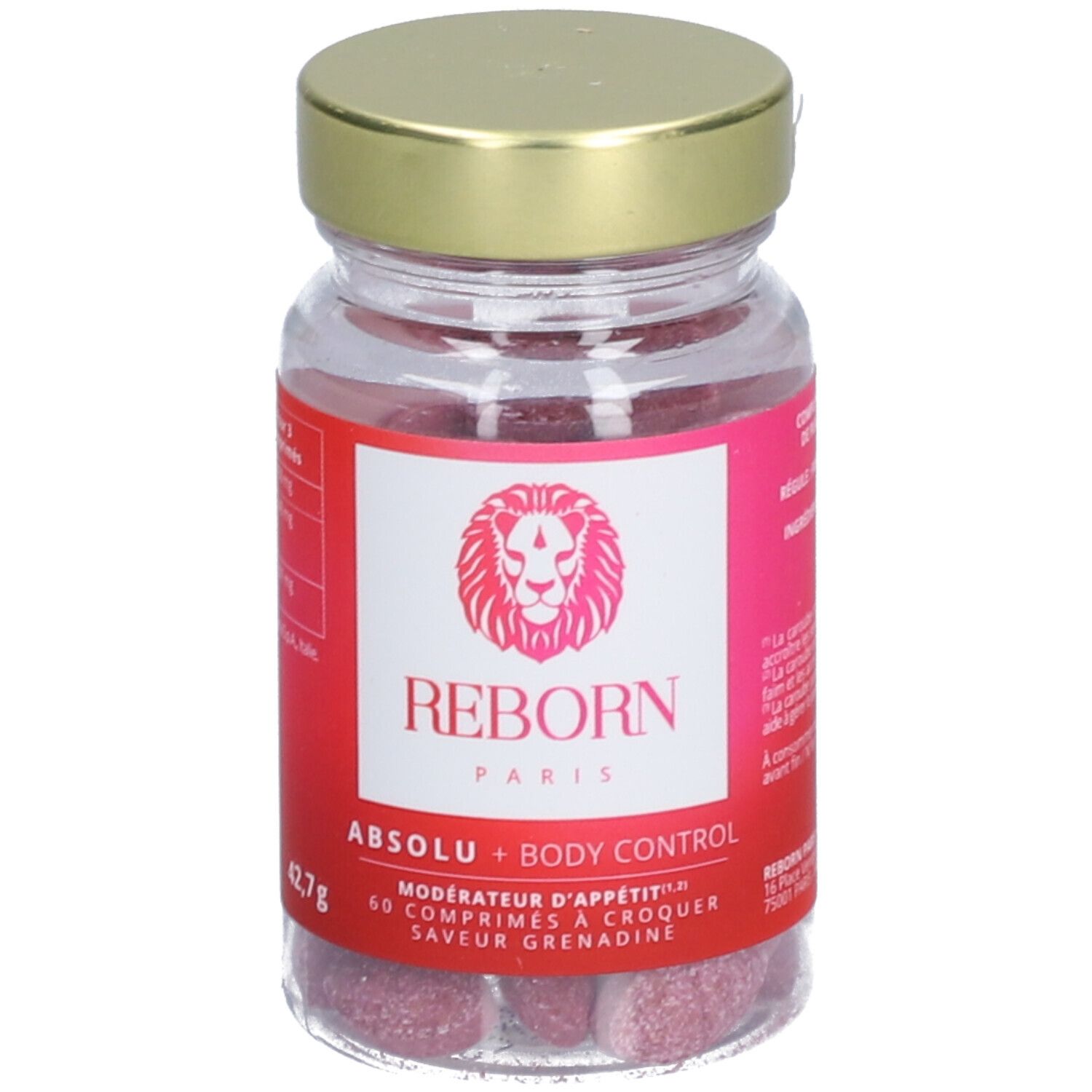 Flacon transparent avec couvercle doré. Étiquette rouge avec texte et logo. Contient des comprimés.