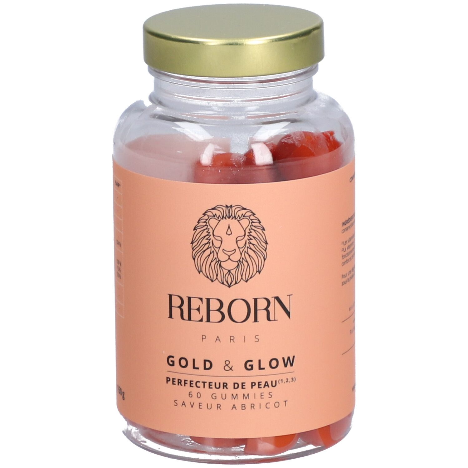 Flacon en verre avec bonbons gélifiés. Étiquette : REBORN PARIS GOLD & GLOW, 60 gummies, saveur abricot.