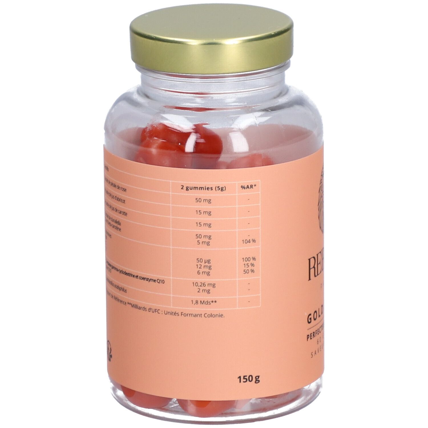 Dos de la bouteille en verre avec informations nutritionnelles. Texte : 2 gummies (5g), vitamines, CoQ10, 150g.