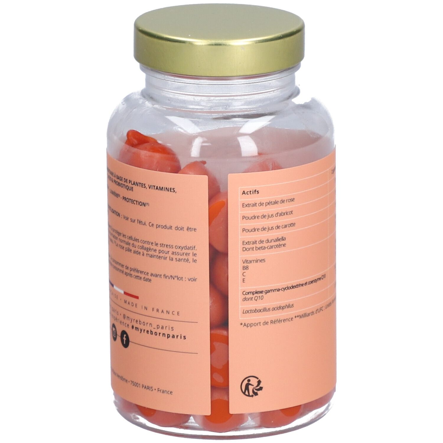 Dos de la bouteille en verre avec ingrédients. Texte : Extrait de rose, vitamines, CoQ10, probiotiques, Made in France.