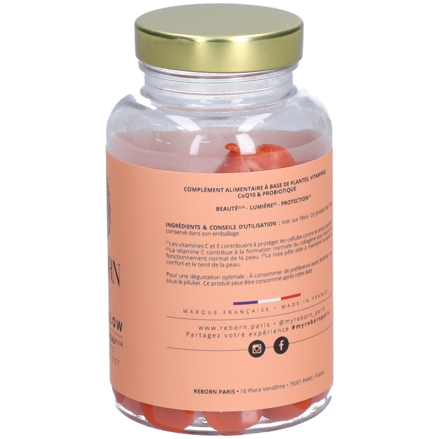 Dos de la bouteille en verre avec texte. Texte : Complément alimentaire, CoQ10 & probiotiques, Made in France.