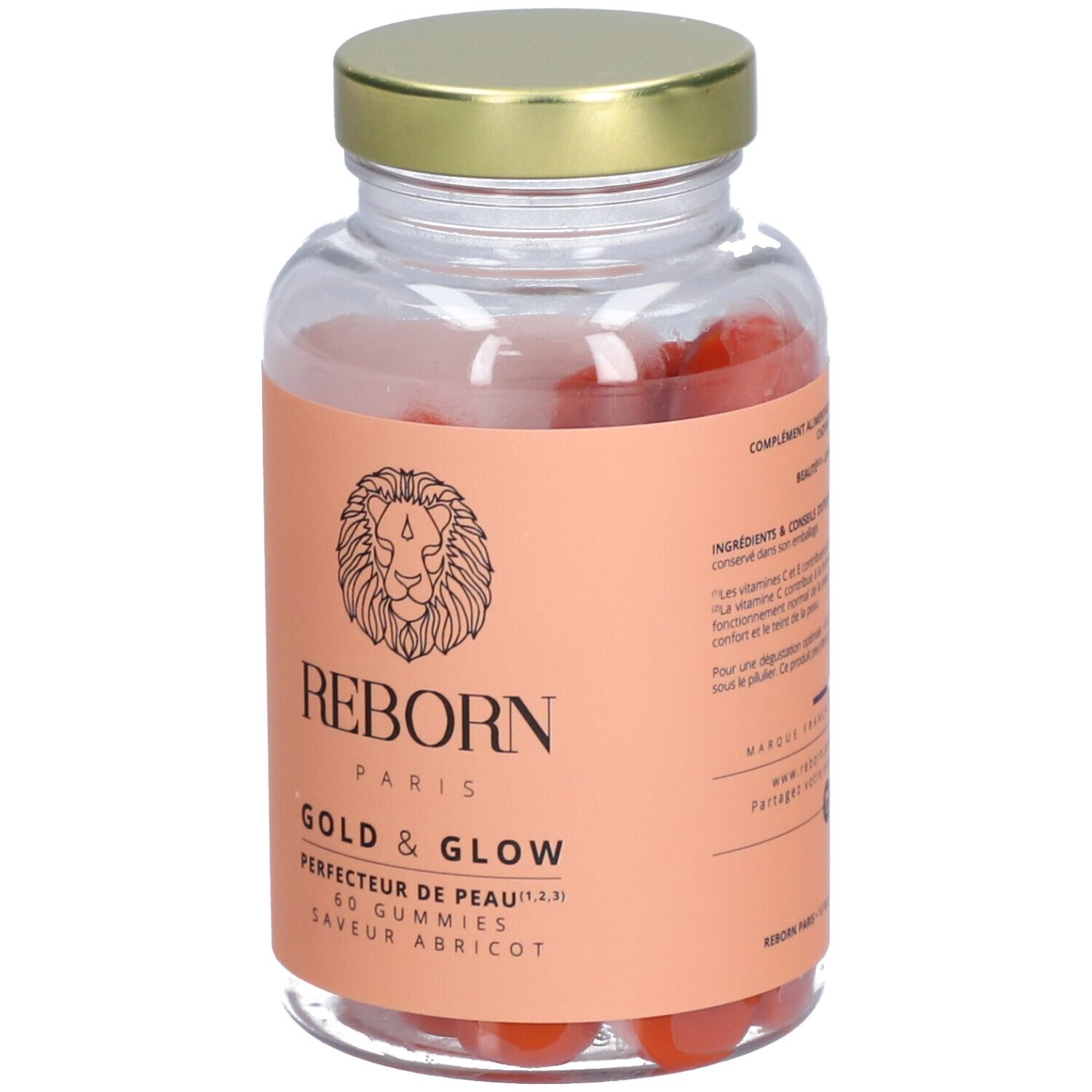 Flacon en verre avec bonbons gélifiés. Étiquette : REBORN PARIS GOLD & GLOW, 60 gummies, saveur abricot.