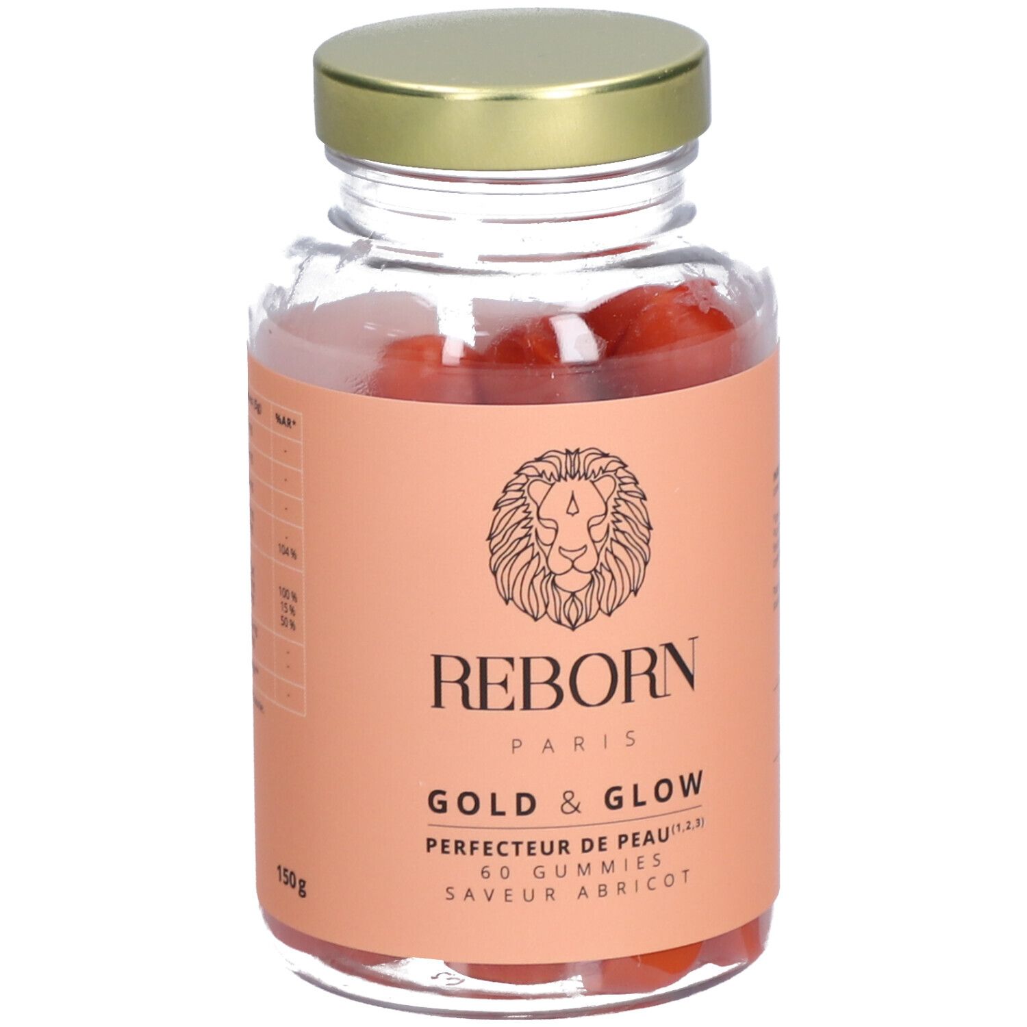 Flacon en verre avec bonbons gélifiés. Étiquette : REBORN PARIS GOLD & GLOW, 60 gummies, saveur abricot, 150g.