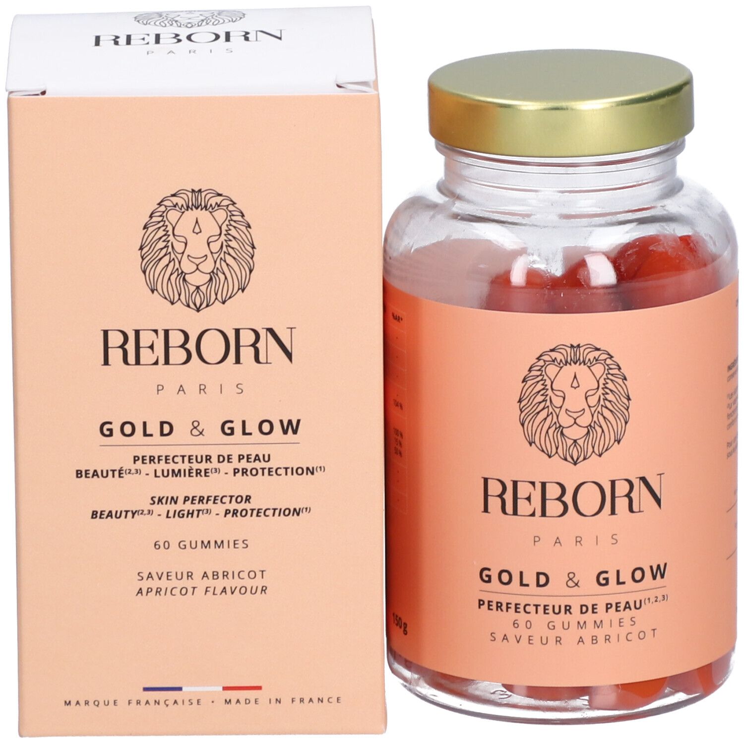 Emballage du produit avec bouteille. Boîte et bouteille avec texte : REBORN PARIS GOLD & GLOW, 60 gummies, saveur abricot.