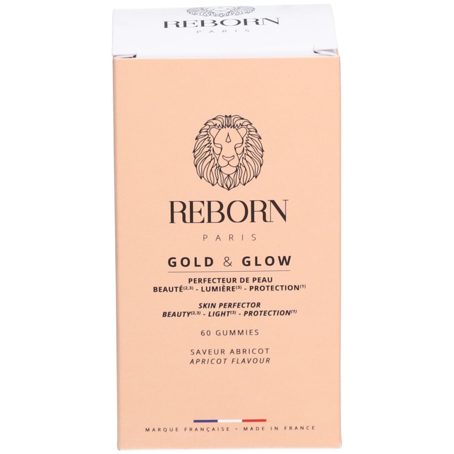 Emballage du produit. Boîte avec texte : REBORN PARIS GOLD & GLOW, 60 gummies, saveur abricot, Made in France.