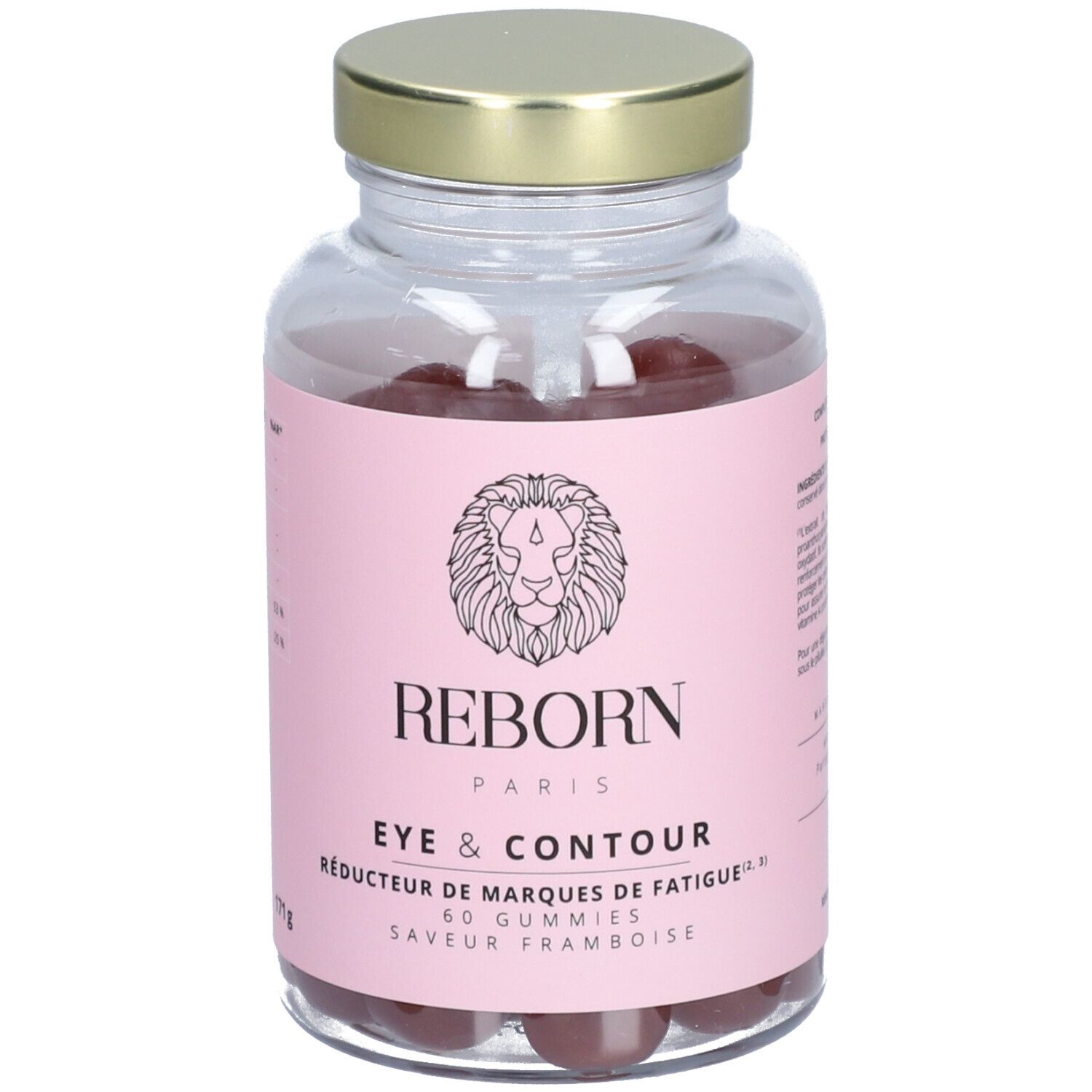 Flacon transparent avec étiquette rose. Contient des gummies rouges. Inscription: REBORN PARIS, Eye & Contour, 60 gummies.