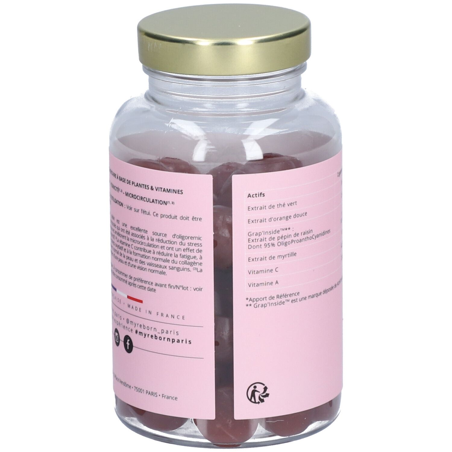 Flacon avec étiquette rose. Contient des gummies rouges. Inscription: REBORN PARIS, Eye & Contour. Ingrédients et conseils d'utilisation.