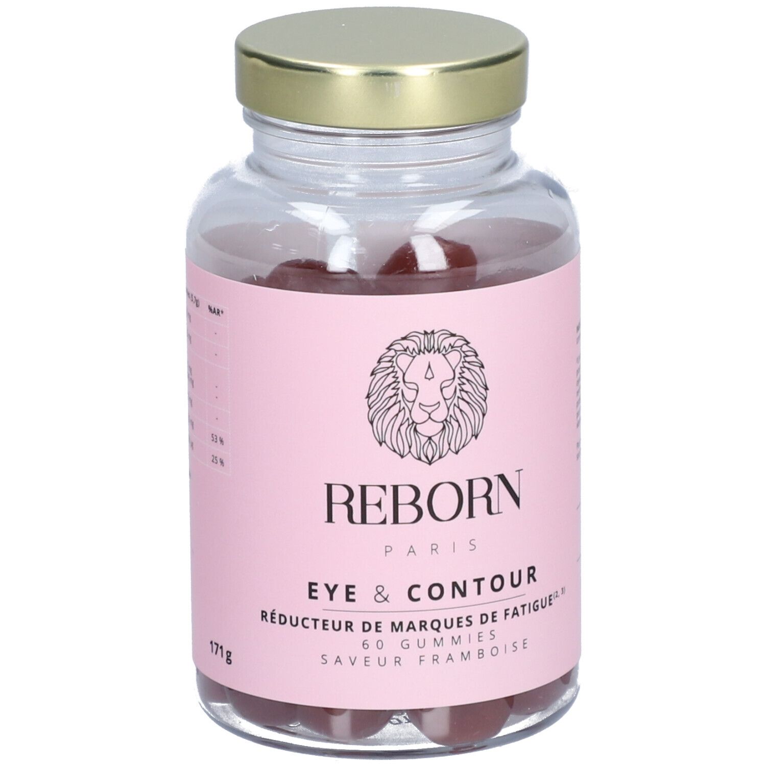 Flacon avec étiquette rose. Contient des gummies rouges. Inscription: REBORN PARIS, Eye & Contour, 171g.