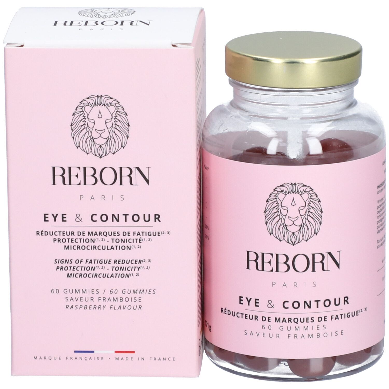 Emballage du produit: flacon et boîte. Flacon avec étiquette rose, boîte avec impression rose. Inscription: REBORN PARIS, Eye & Contour.