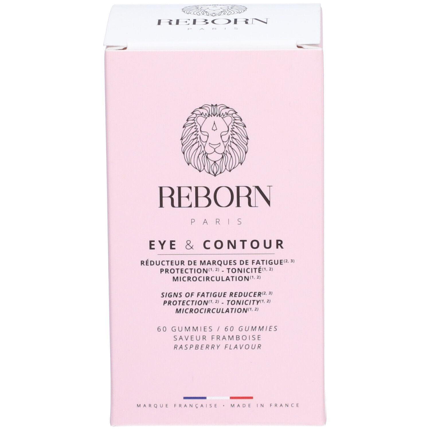 Boîte rose avec impression. Inscription: REBORN PARIS, Eye & Contour, 60 gummies. Drapeau français.
