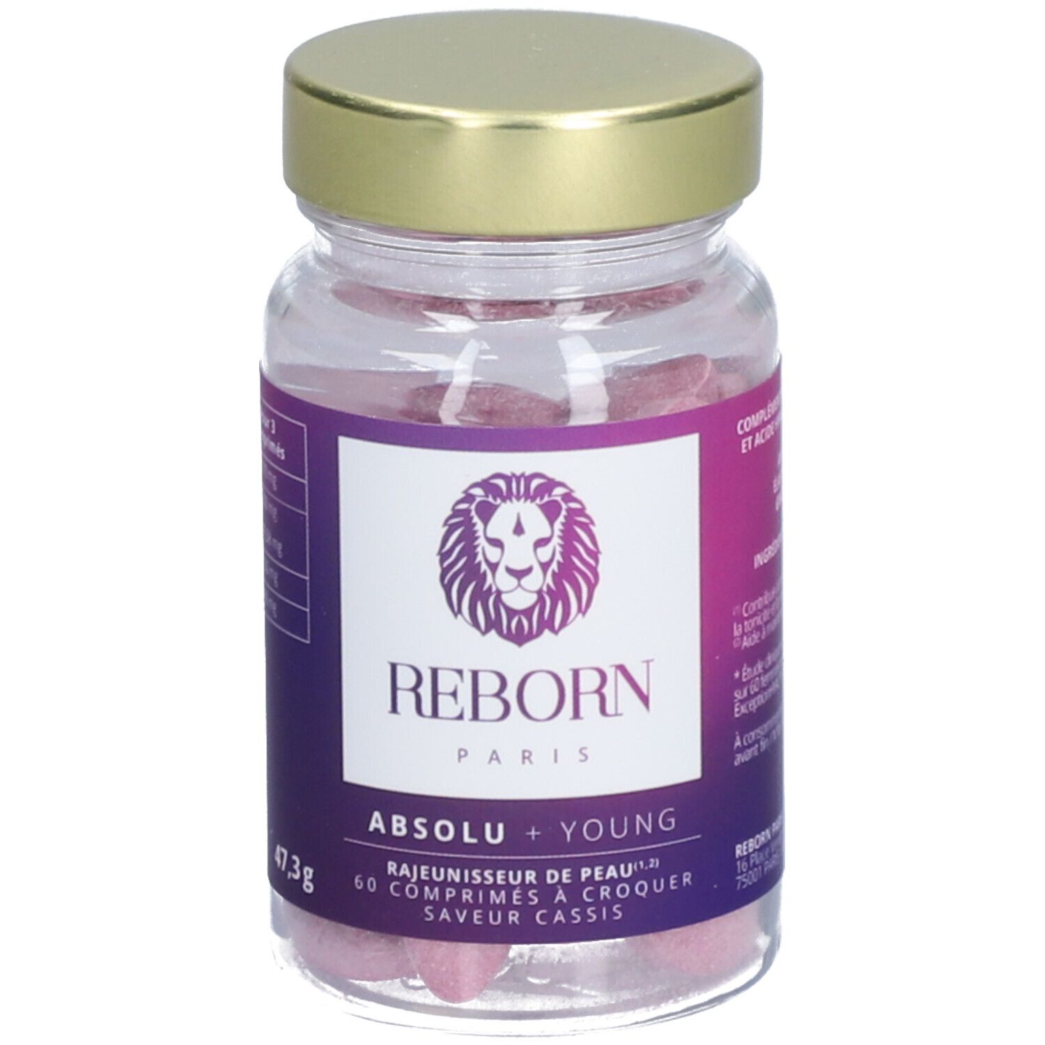 Flacon en verre avec comprimés roses. Étiquette "REBORN PARIS ABSOLU + YOUNG". Bouchon doré. 60 comprimés.