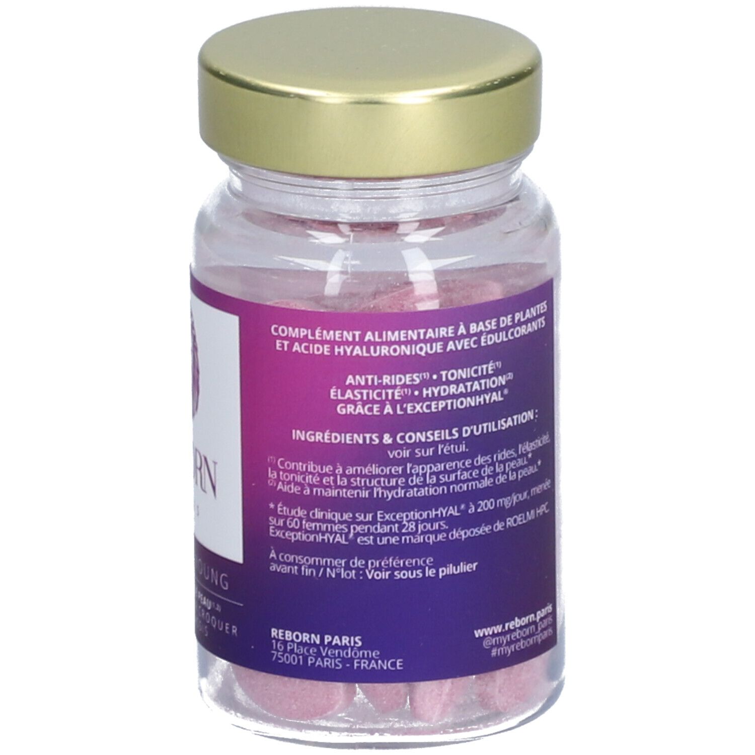 Flacon avec comprimés roses. Étiquette avec informations produit. Bouchon doré. "REBORN PARIS ABSOLU + YOUNG".