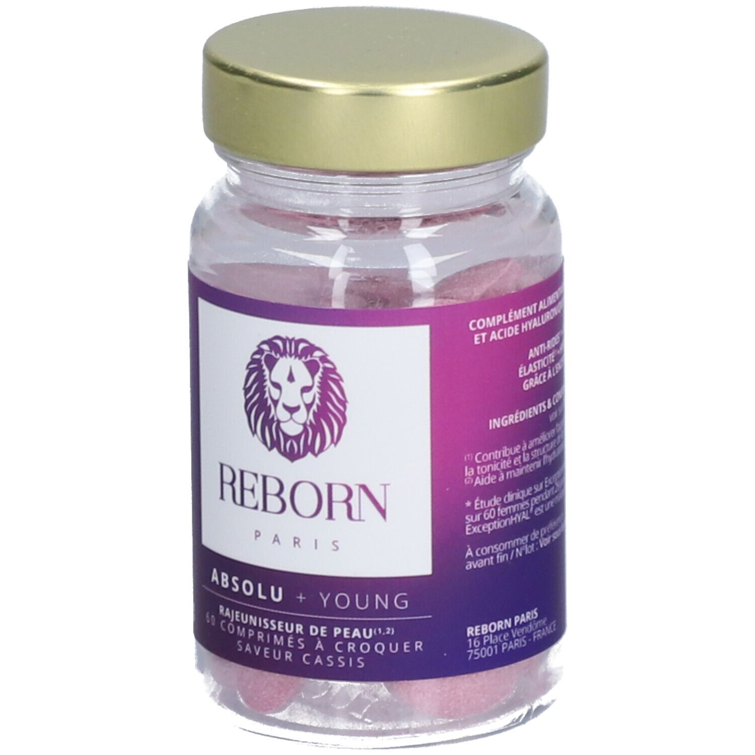 Flacon avec comprimés roses. Étiquette avec informations produit. Bouchon doré. "REBORN PARIS ABSOLU + YOUNG".