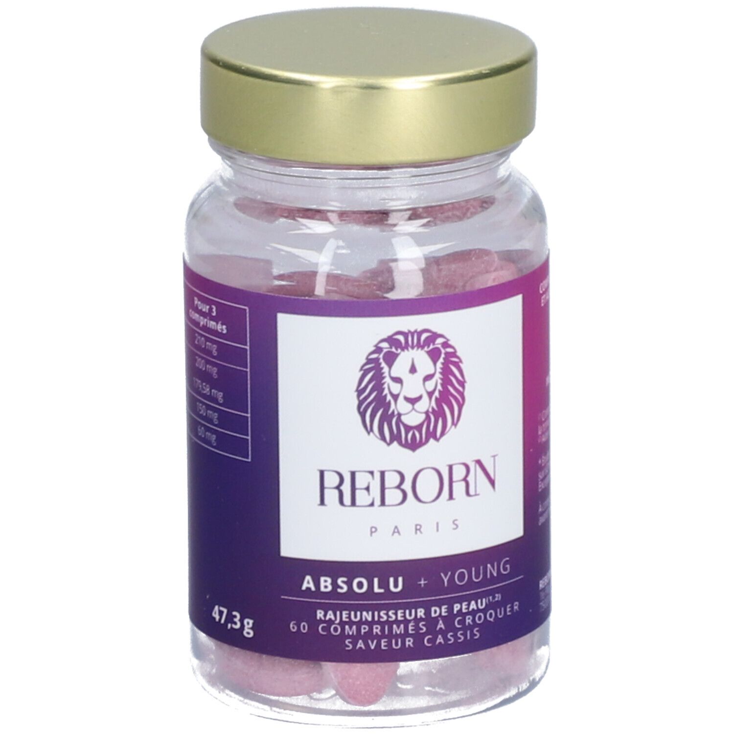 Flacon en verre avec comprimés roses. Étiquette avec informations produit. Bouchon doré. "REBORN PARIS ABSOLU + YOUNG".